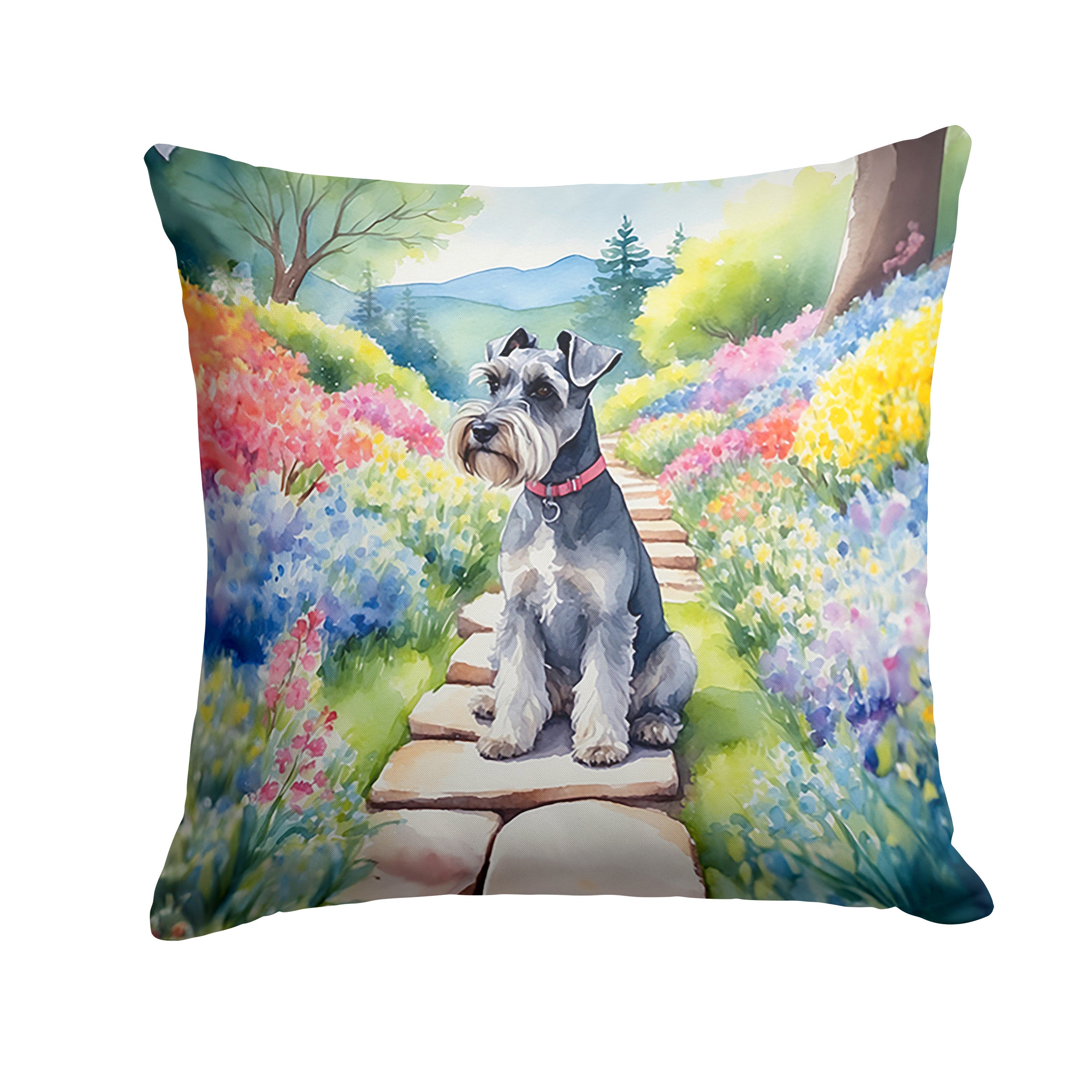 Schnauzer Spring Path Throw Pillow Machine Washable, Indoor Outdoor Decorative Pillow for Couch, Bed or Patio, 14Hx14W