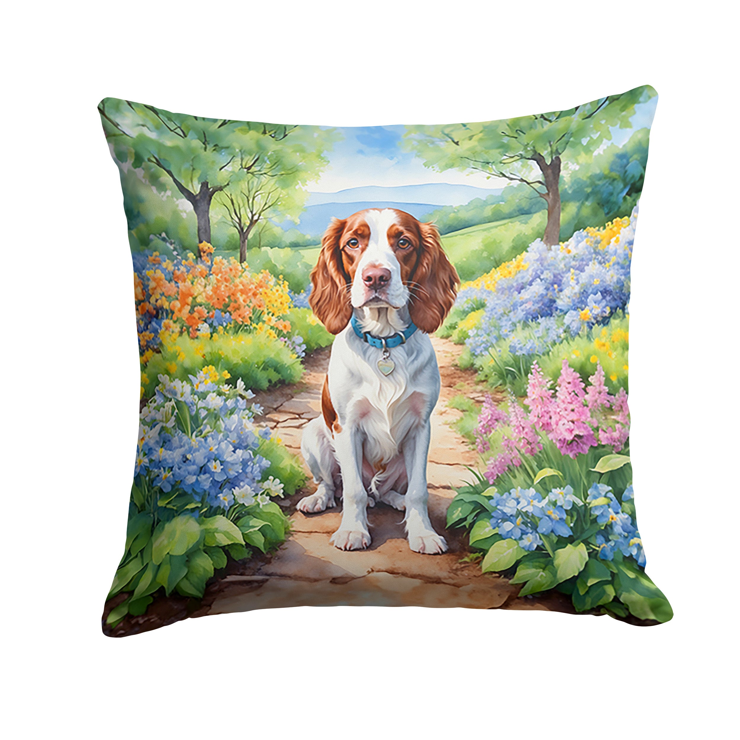 Welsh Springer Spaniel Spring Path Throw Pillow Machine Washable, Indoor Outdoor Decorative Pillow for Couch, Bed or Patio, 14Hx14W