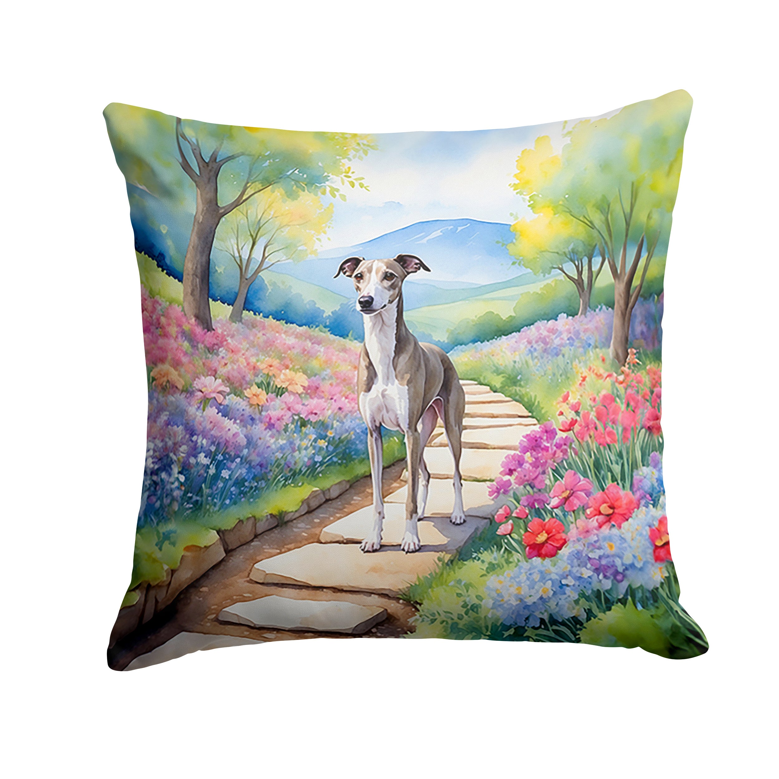 Whippet Spring Path Throw Pillow Machine Washable, Indoor Outdoor Decorative Pillow for Couch, Bed or Patio, 14Hx14W