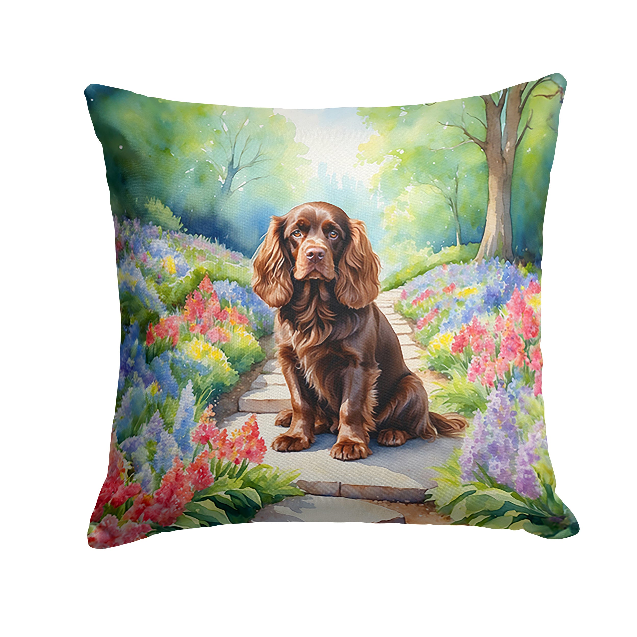 Sussex Spaniel Spring Path Throw Pillow Machine Washable, Indoor Outdoor Decorative Pillow for Couch, Bed or Patio, 14Hx14W