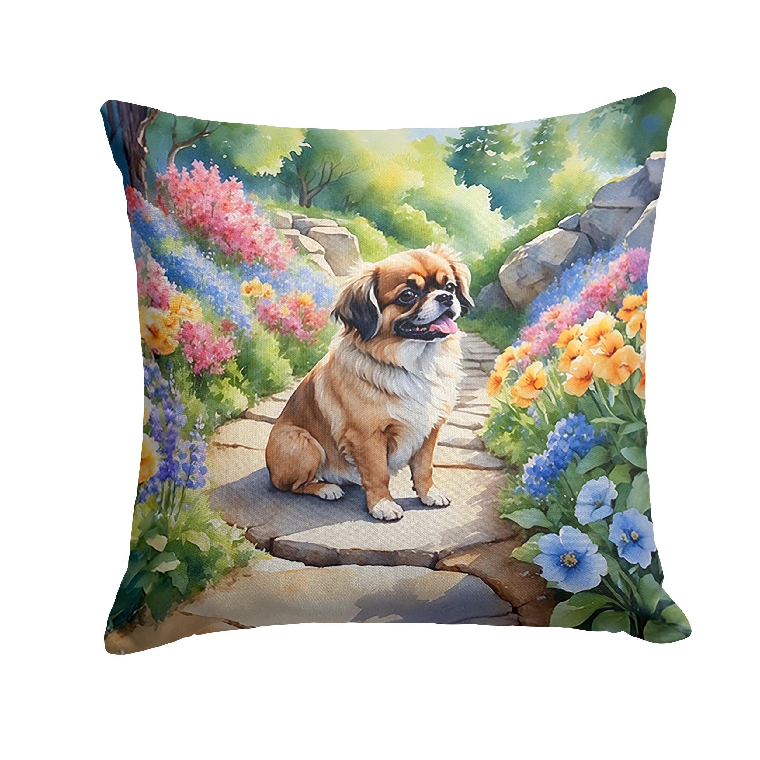 Tibetan Spaniel Spring Path Throw Pillow Machine Washable, Indoor Outdoor Decorative Pillow for Couch, Bed or Patio, 14Hx14W