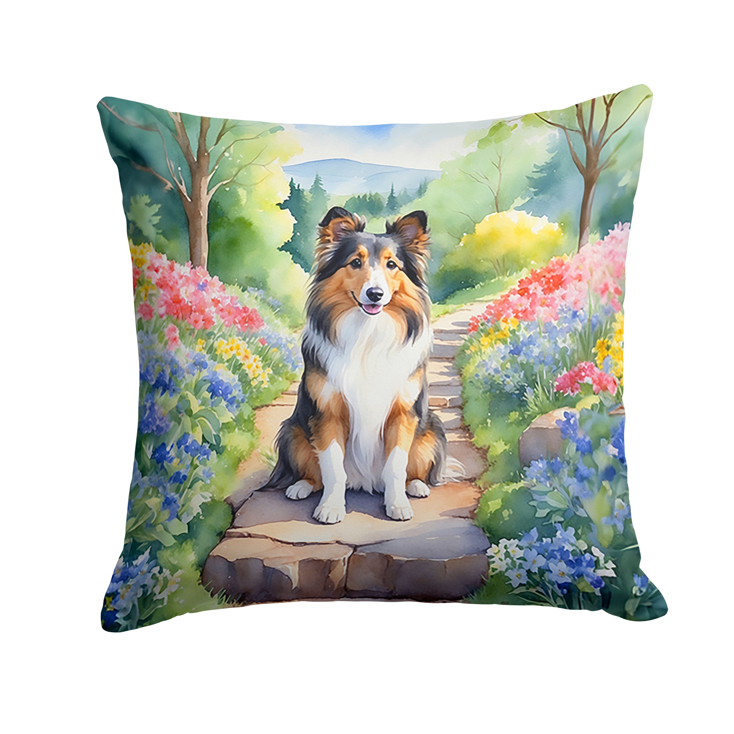 Sheltie Spring Path Throw Pillow Machine Washable, Indoor Outdoor Decorative Pillow for Couch, Bed or Patio, 14Hx14W