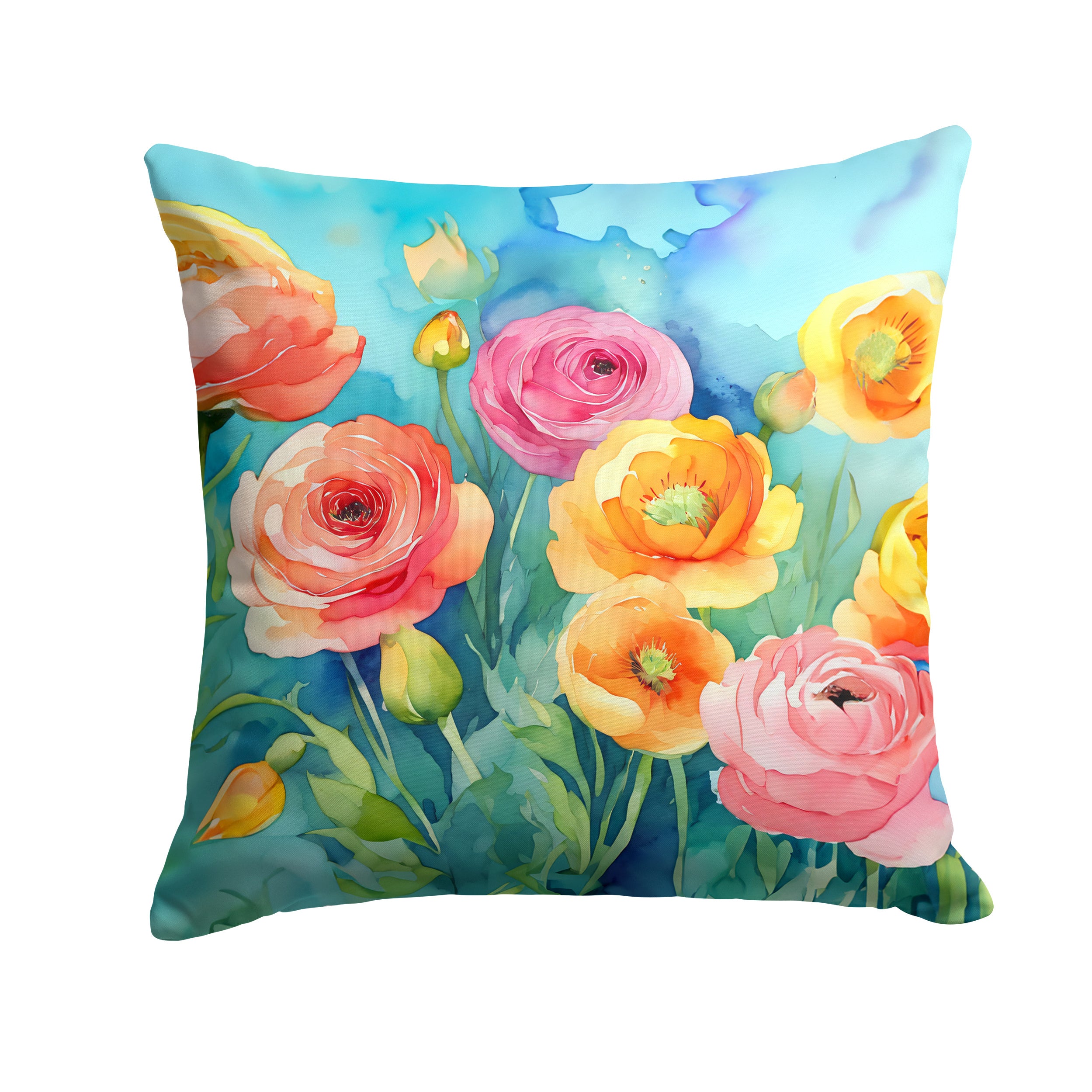 Ranunculus in Watercolor Throw Pillow Machine Washable, Indoor Outdoor Decorative Pillow for Couch, Bed or Patio, 14Hx14W