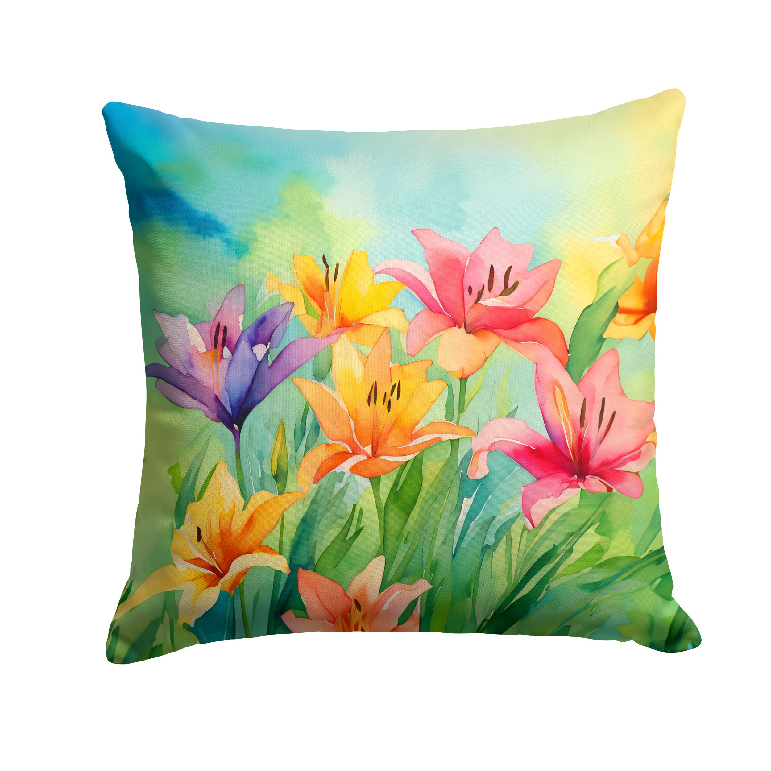 Lilies in Watercolor Throw Pillow Machine Washable, Indoor Outdoor Decorative Pillow for Couch, Bed or Patio, 14Hx14W