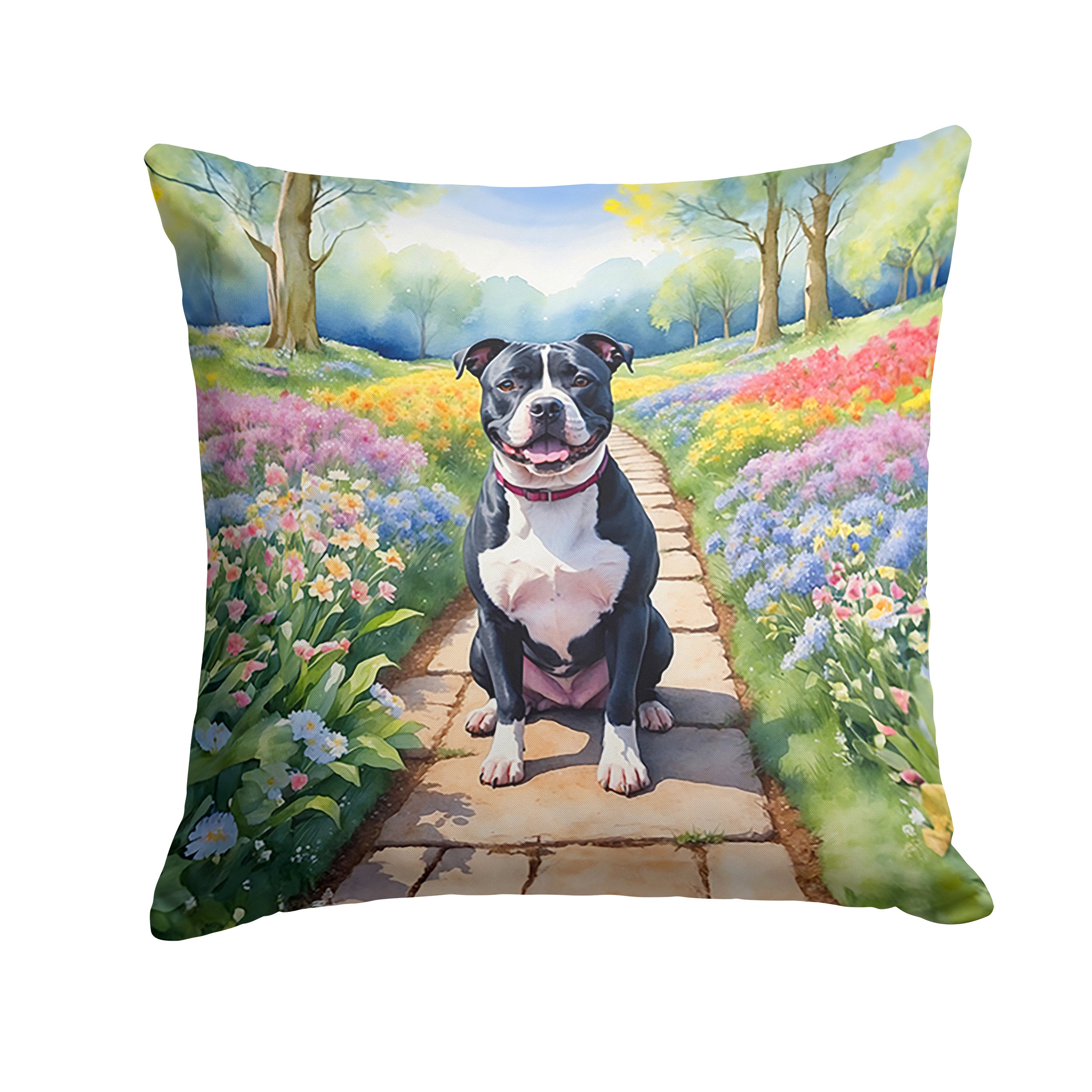 NEW Staffordshire Bull Terrier Spring Path Throw Pillow Machine Washable, Indoor Outdoor Decorative Pillow for Couch, Bed or Patio, 14Hx14W