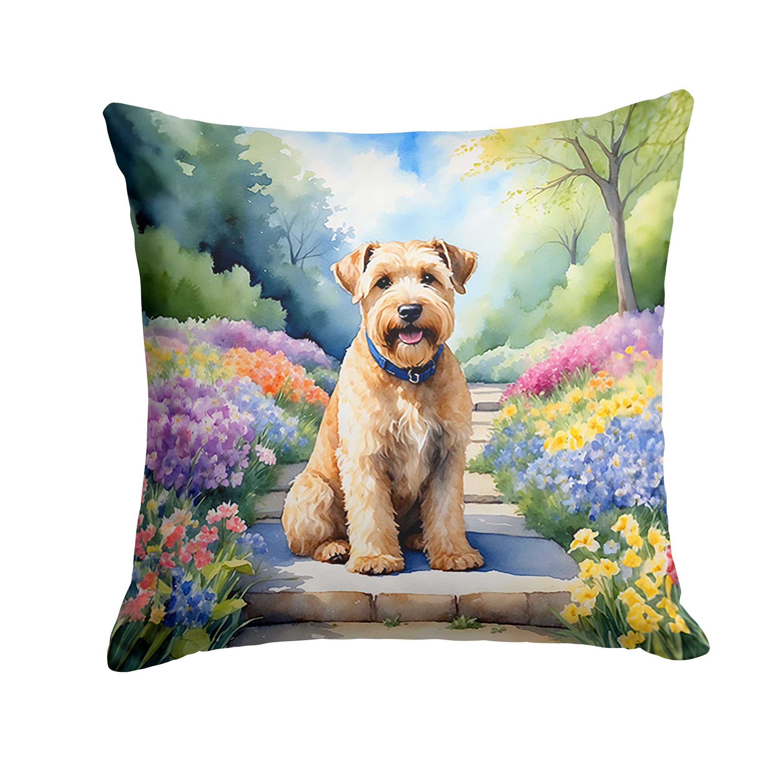 Wheaten Terrier Spring Path Throw Pillow Machine Washable, Indoor Outdoor Decorative Pillow for Couch, Bed or Patio, 14Hx14W