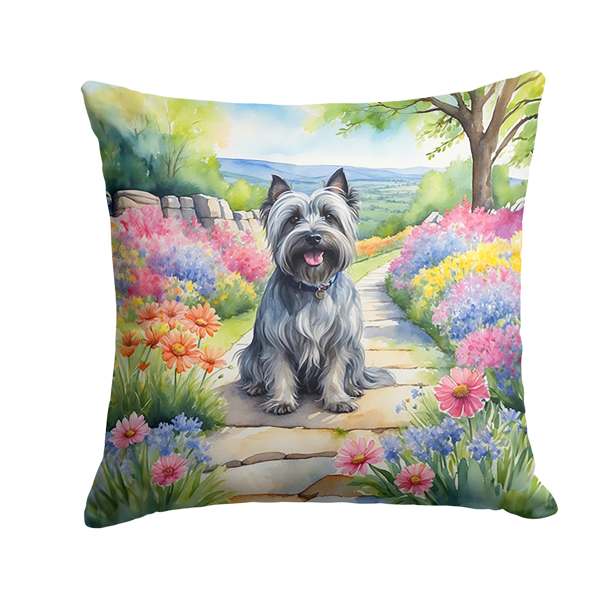 Skye Terrier Spring Path Throw Pillow Machine Washable, Indoor Outdoor Decorative Pillow for Couch, Bed or Patio, 14Hx14W