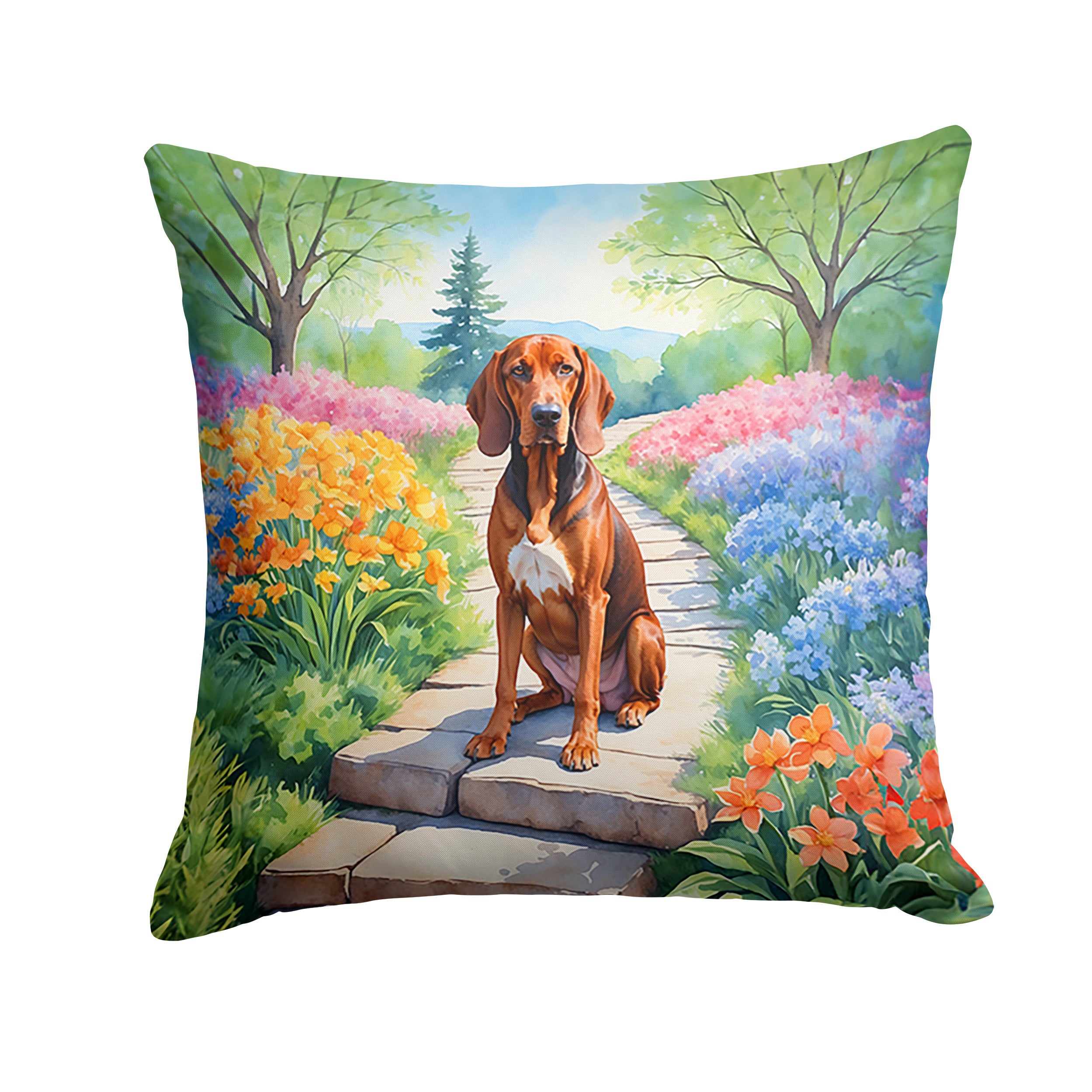 Redbone Coonhound Spring Path Throw Pillow Machine Washable, Indoor Outdoor Decorative Pillow for Couch, Bed or Patio, 14Hx14W