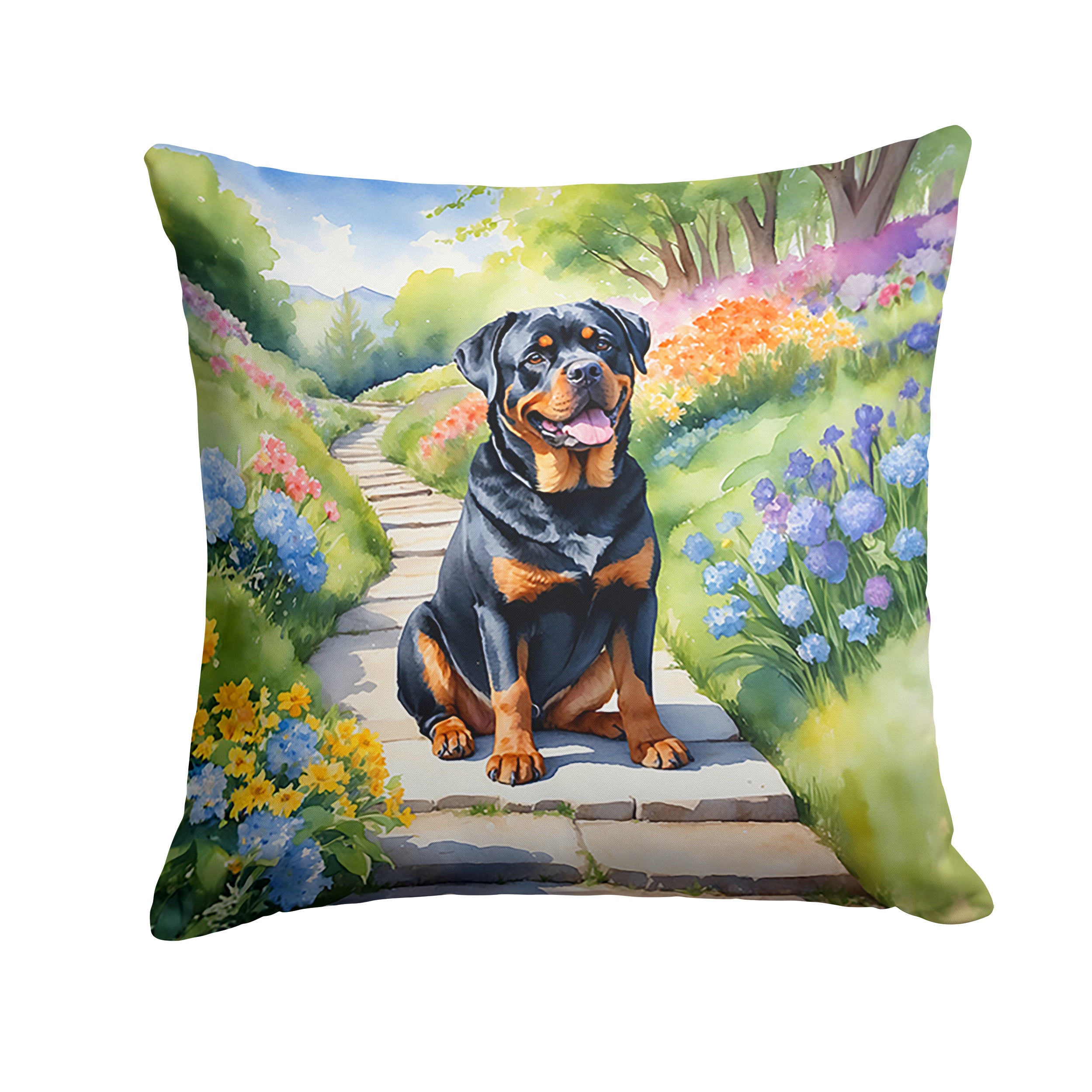 Rottweiler Spring Path Throw Pillow Machine Washable, Indoor Outdoor Decorative Pillow for Couch, Bed or Patio, 14Hx14W