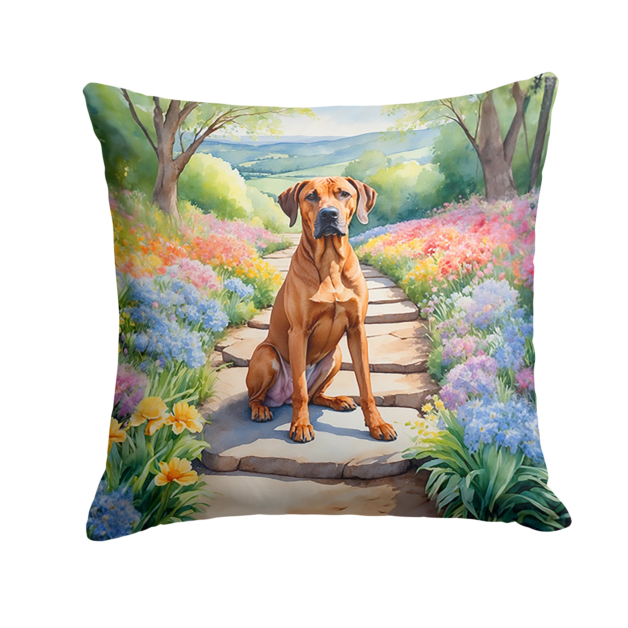 Rhodesian Ridgeback Spring Path Throw Pillow Machine Washable, Indoor Outdoor Decorative Pillow for Couch, Bed or Patio, 14Hx14W