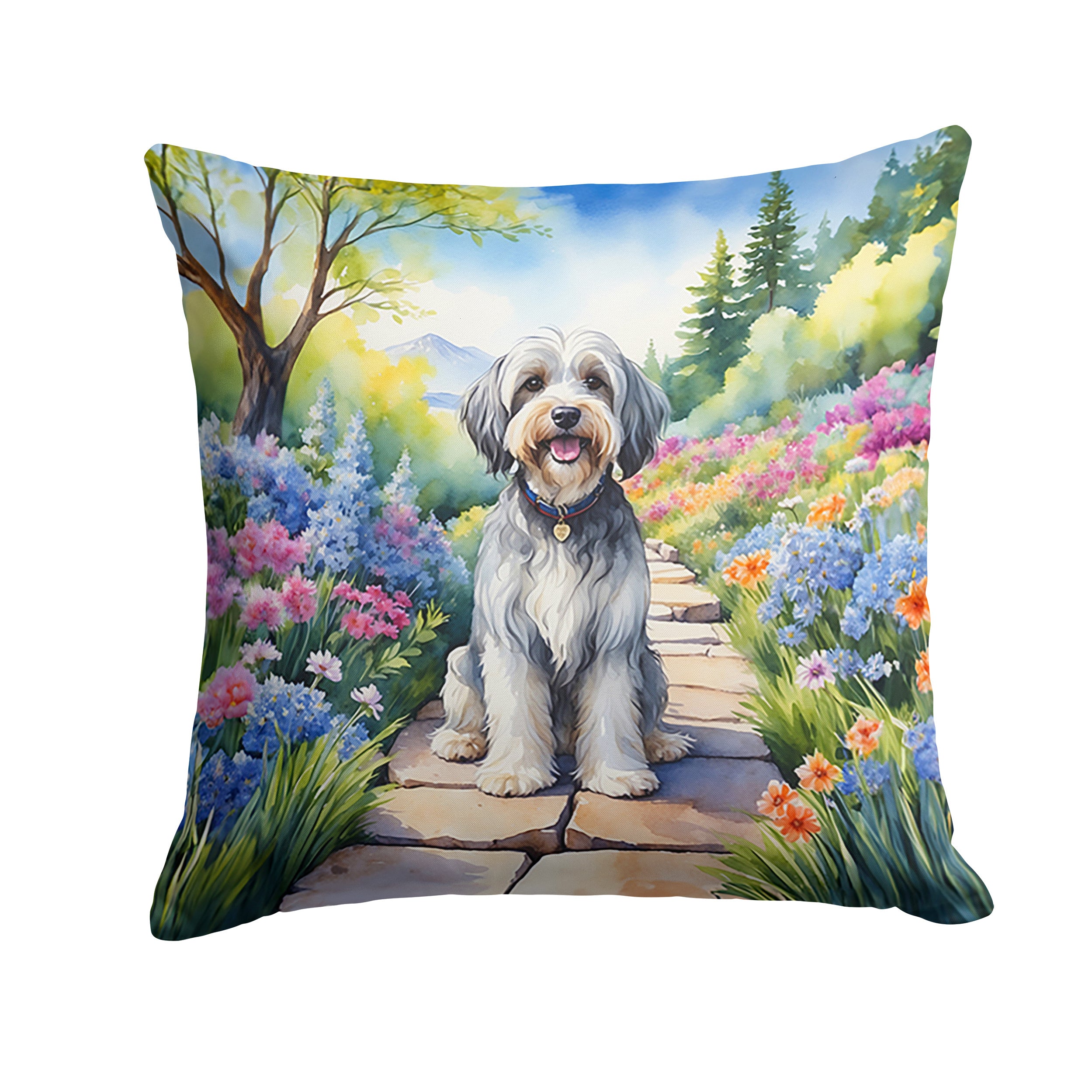 Tibetan Terrier Spring Path Throw Pillow Machine Washable, Indoor Outdoor Decorative Pillow for Couch, Bed or Patio, 14Hx14W