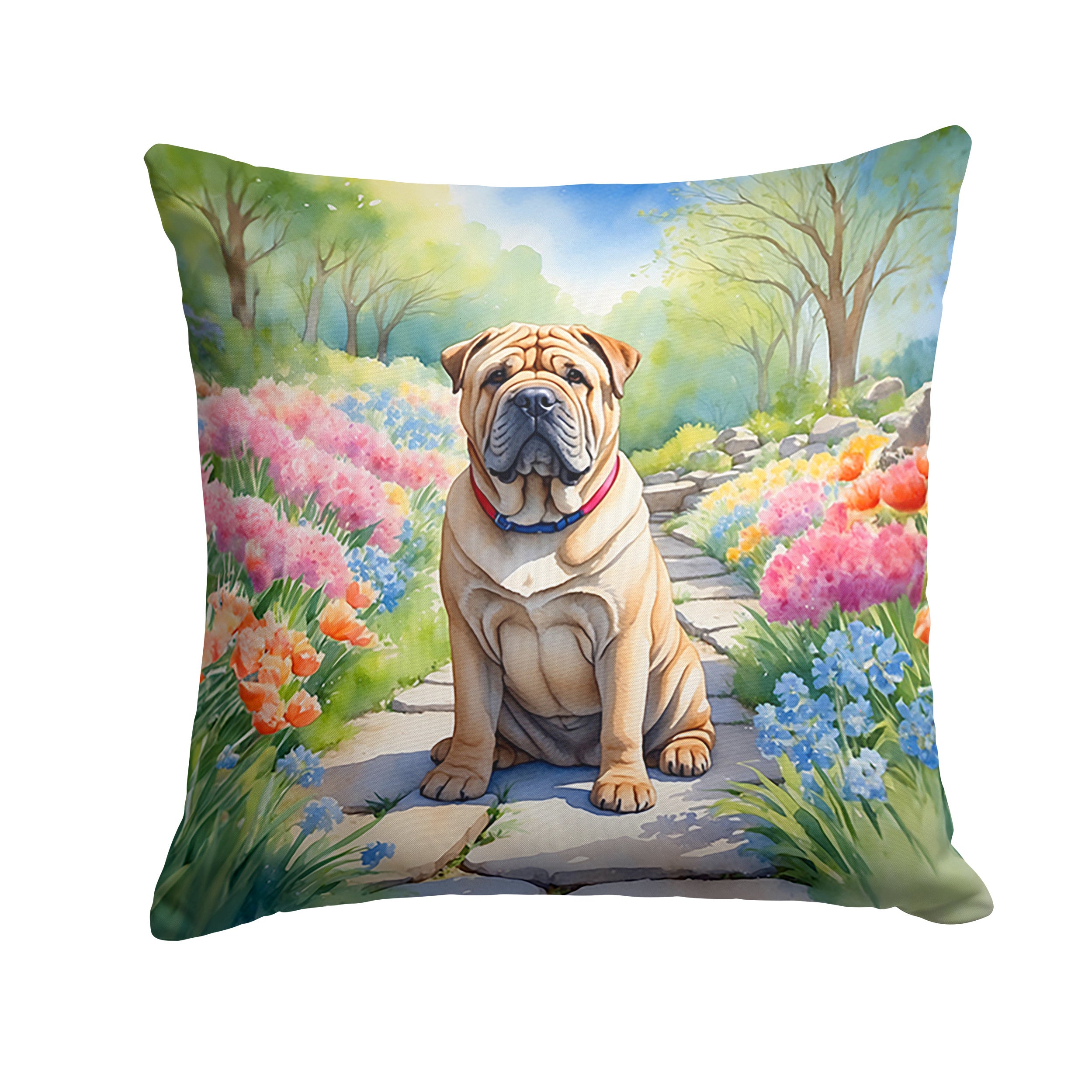 Shar Pei Spring Path Throw Pillow Machine Washable, Indoor Outdoor Decorative Pillow for Couch, Bed or Patio, 14Hx14W