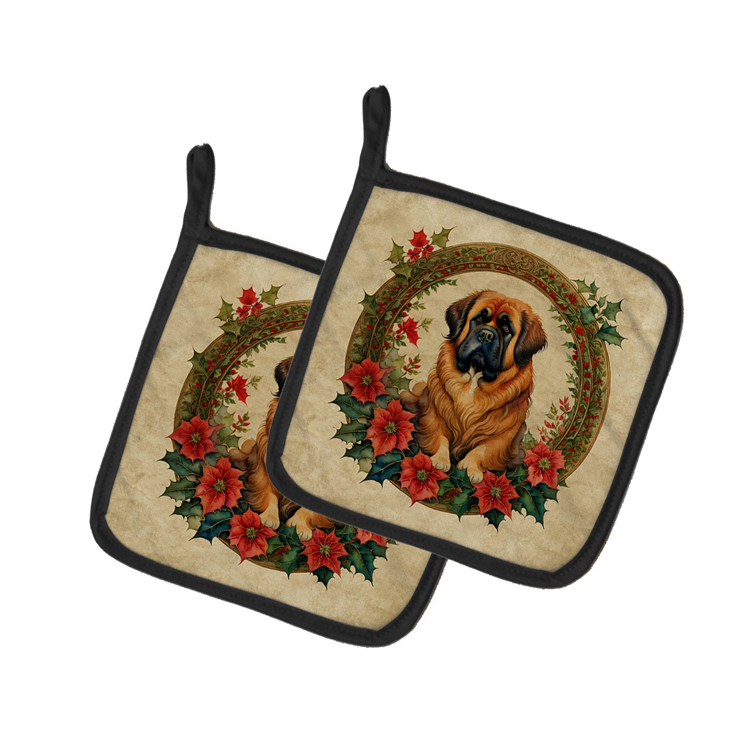 Tibetan Mastiff Christmas Flowers Pair of Pot Holders Kitchen Heat Resistant Pot Holders Sets Oven Hot Pads for Cooking Baking BBQ, 7 1/2 x 7 1/2