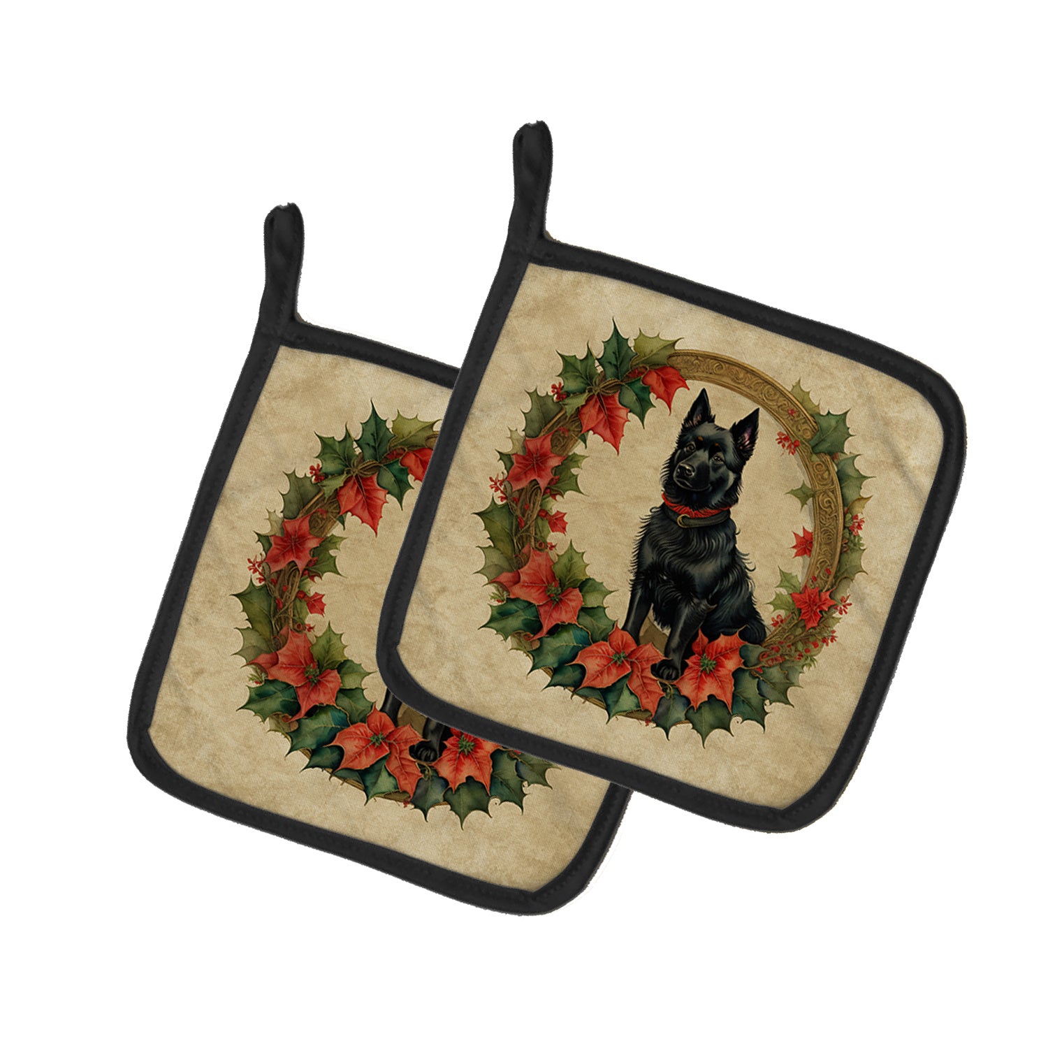 Schipperke Christmas Flowers Pair of Pot Holders Kitchen Heat Resistant Pot Holders Sets Oven Hot Pads for Cooking Baking BBQ, 7 1/2 x 7 1/2