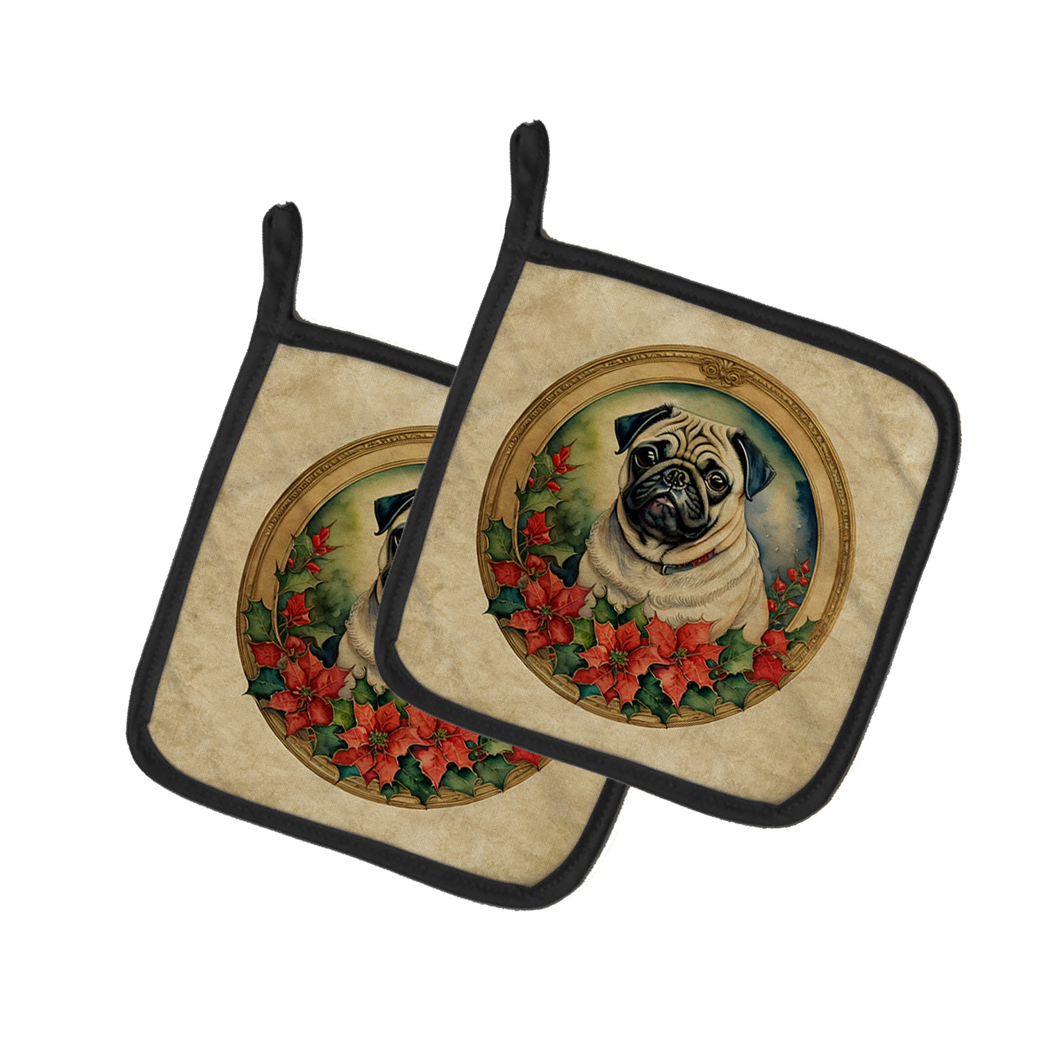 Pug Christmas Flowers Pair of Pot Holders Kitchen Heat Resistant Pot Holders Sets Oven Hot Pads for Cooking Baking BBQ, 7 1/2 x 7 1/2