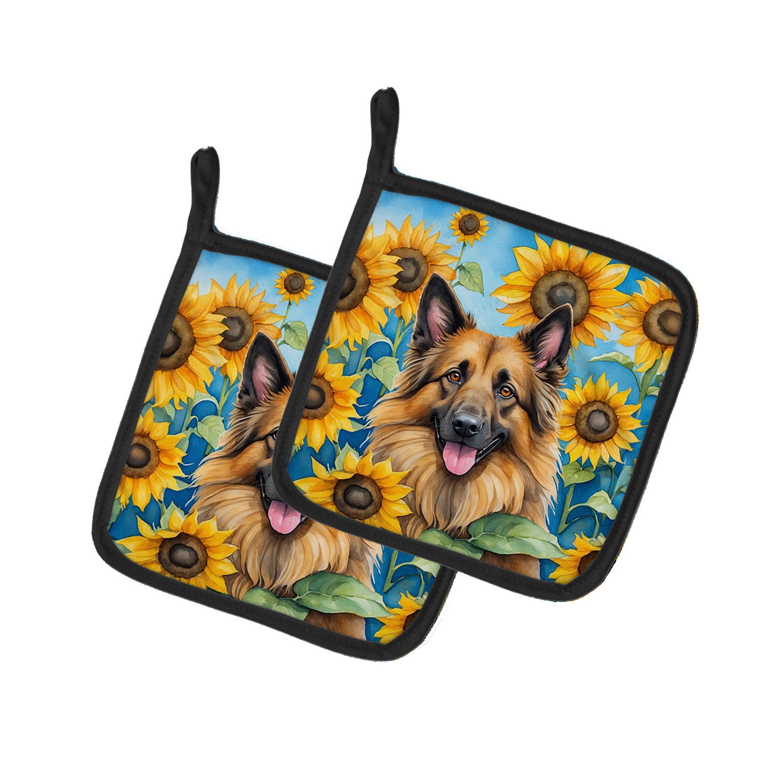 Belgian Tervuren in Sunflowers Pair of Pot Holders Kitchen Heat Resistant Pot Holders Sets Oven Hot Pads for Cooking Baking BBQ, 7 1/2 x 7 1/2