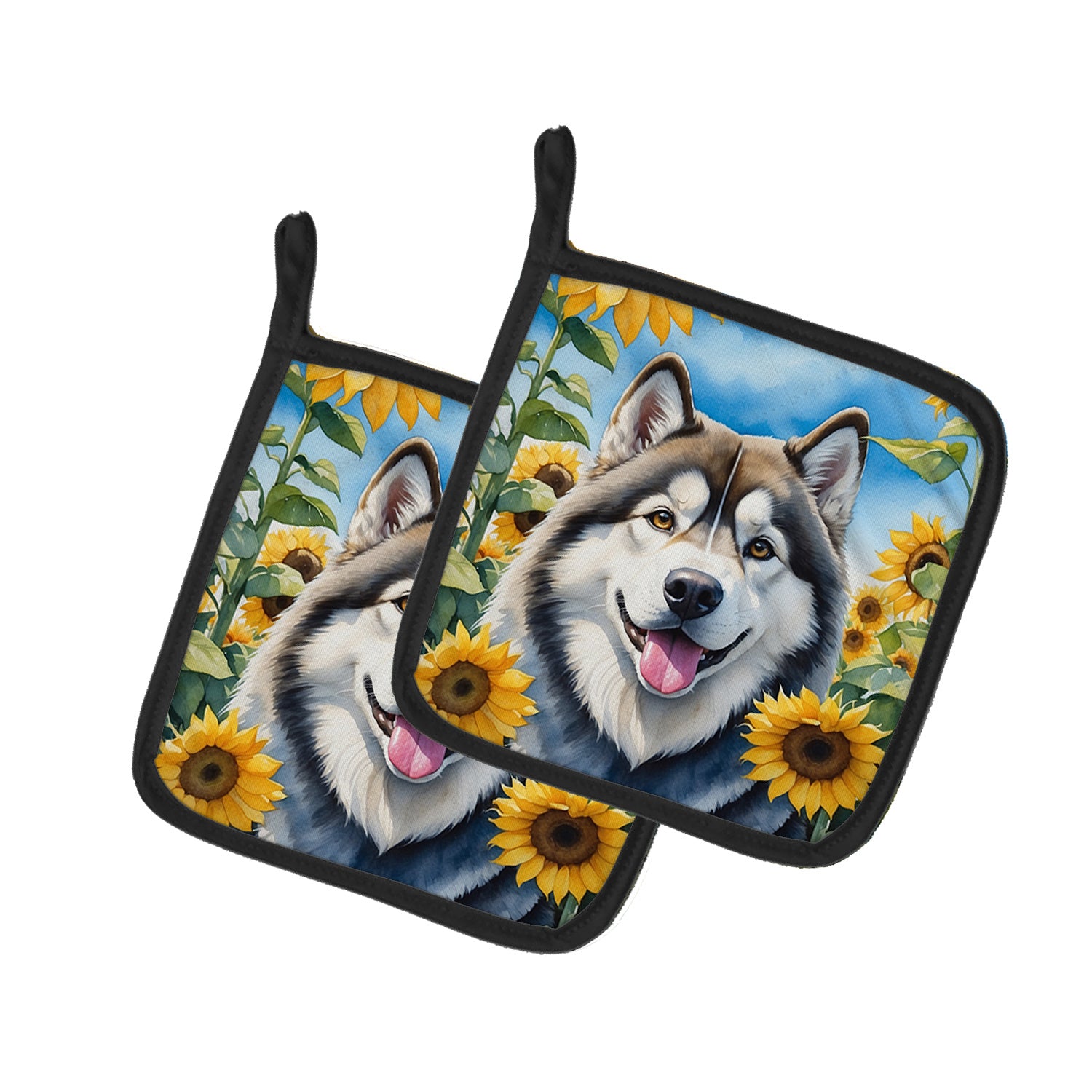 Alaskan Malamute in Sunflowers Pair of Pot Holders Kitchen Heat Resistant Pot Holders Sets Oven Hot Pads for Cooking Baking BBQ, 7 1/2 x 7 1/2