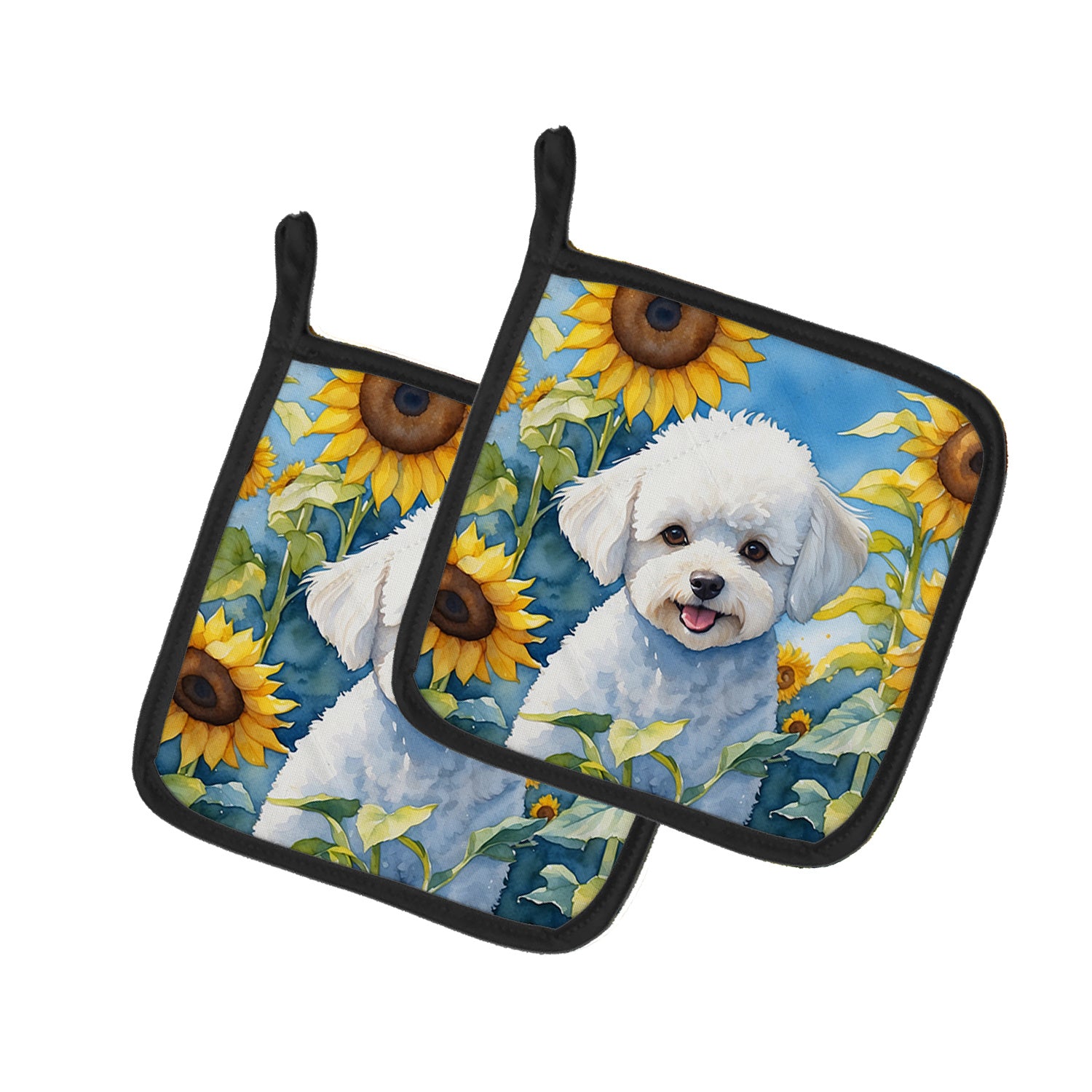 Bichon Frise in Sunflowers Pair of Pot Holders Kitchen Heat Resistant Pot Holders Sets Oven Hot Pads for Cooking Baking BBQ, 7 1/2 x 7 1/2