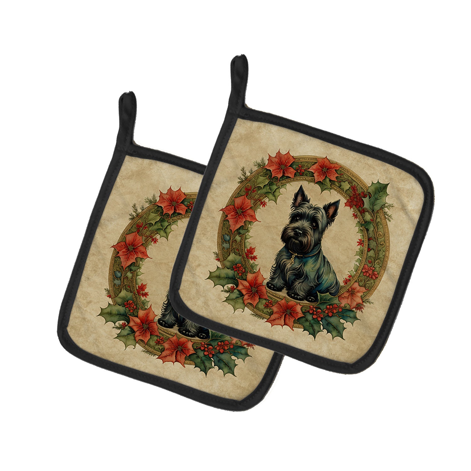 Scottish Terrier Christmas Flowers Pair of Pot Holders Kitchen Heat Resistant Pot Holders Sets Oven Hot Pads for Cooking Baking BBQ, 7 1/2 x 7 1/2