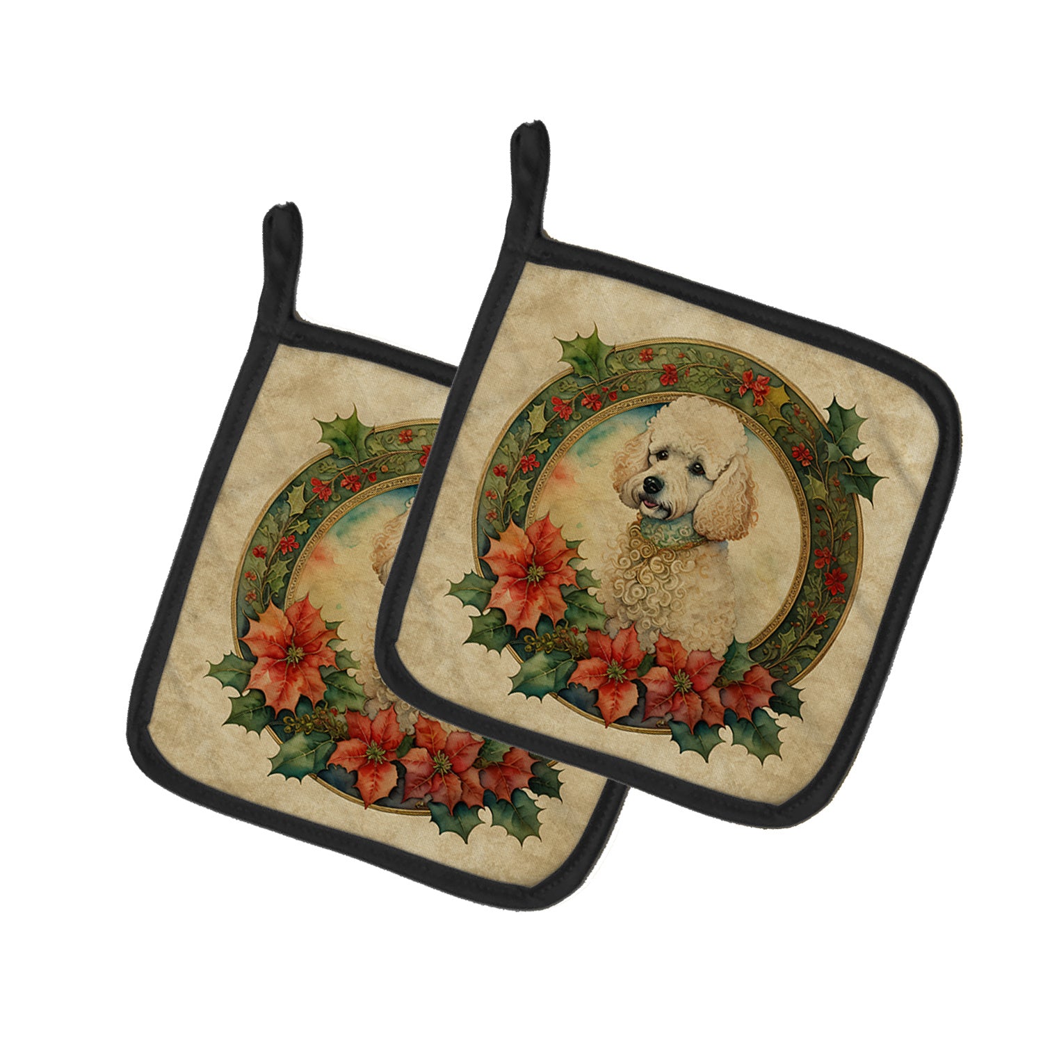 Poodle Christmas Flowers Pair of Pot Holders Kitchen Heat Resistant Pot Holders Sets Oven Hot Pads for Cooking Baking BBQ, 7 1/2 x 7 1/2