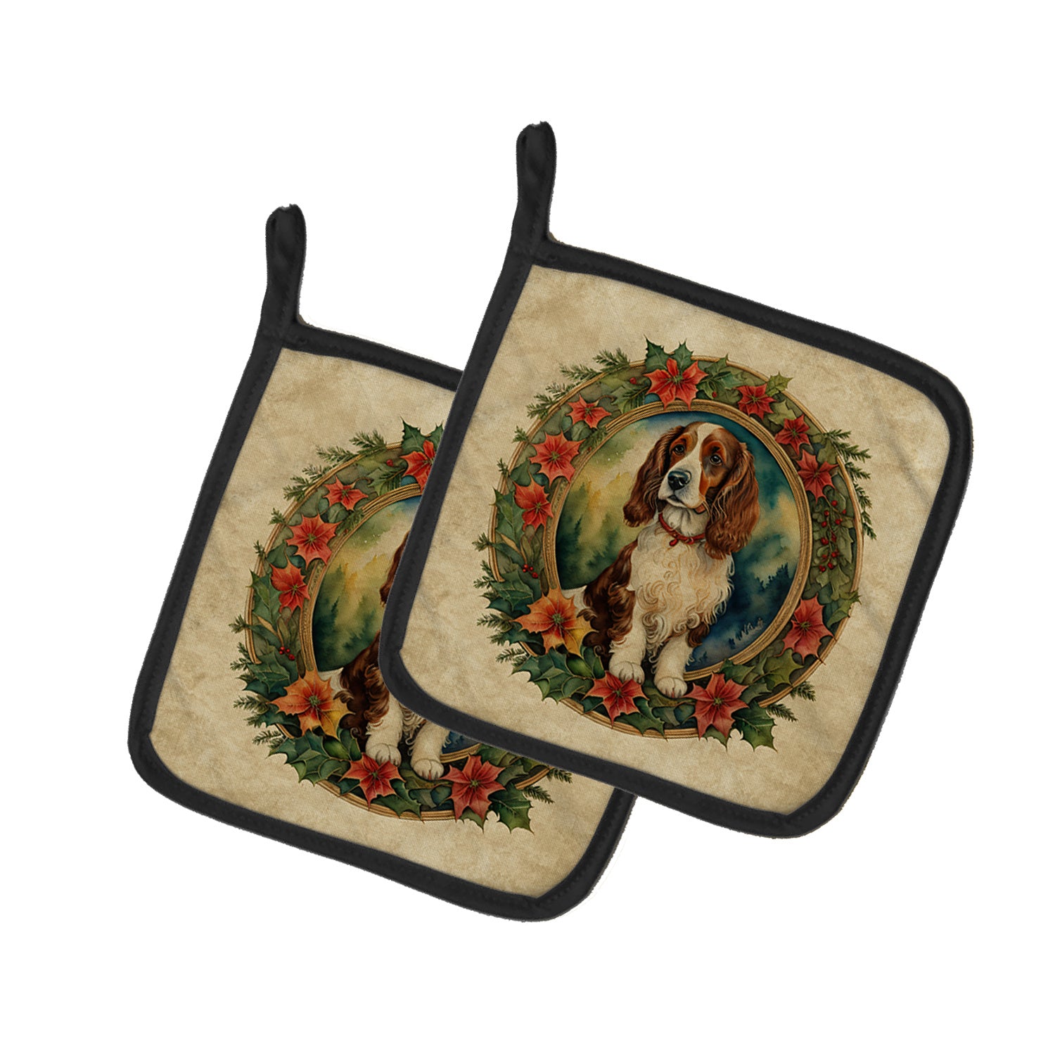 Welsh Springer Spaniel Christmas Flowers Pair of Pot Holders Kitchen Heat Resistant Pot Holders Sets Oven Hot Pads for Cooking Baking BBQ, 7 1/2 x 7 1/2