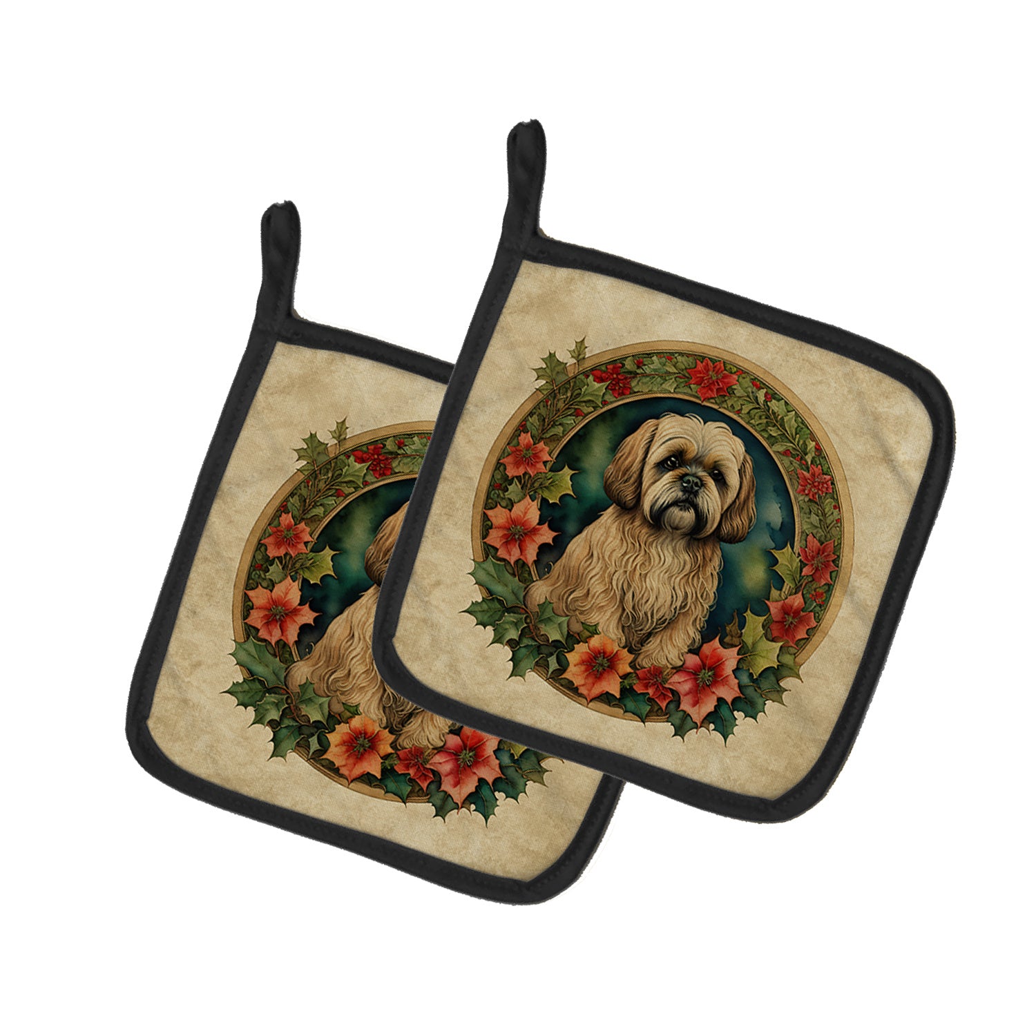 Lhasa Apso Christmas Flowers Pair of Pot Holders Kitchen Heat Resistant Pot Holders Sets Oven Hot Pads for Cooking Baking BBQ, 7 1/2 x 7 1/2