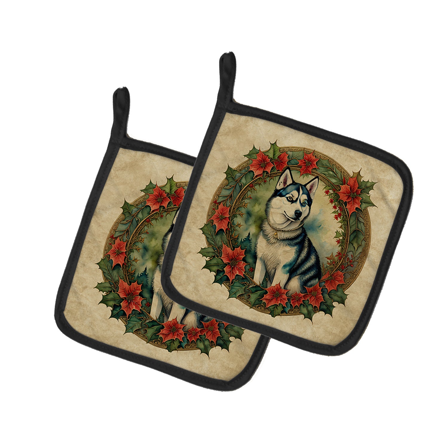 Siberian Husky Christmas Flowers Pair of Pot Holders Kitchen Heat Resistant Pot Holders Sets Oven Hot Pads for Cooking Baking BBQ, 7 1/2 x 7 1/2