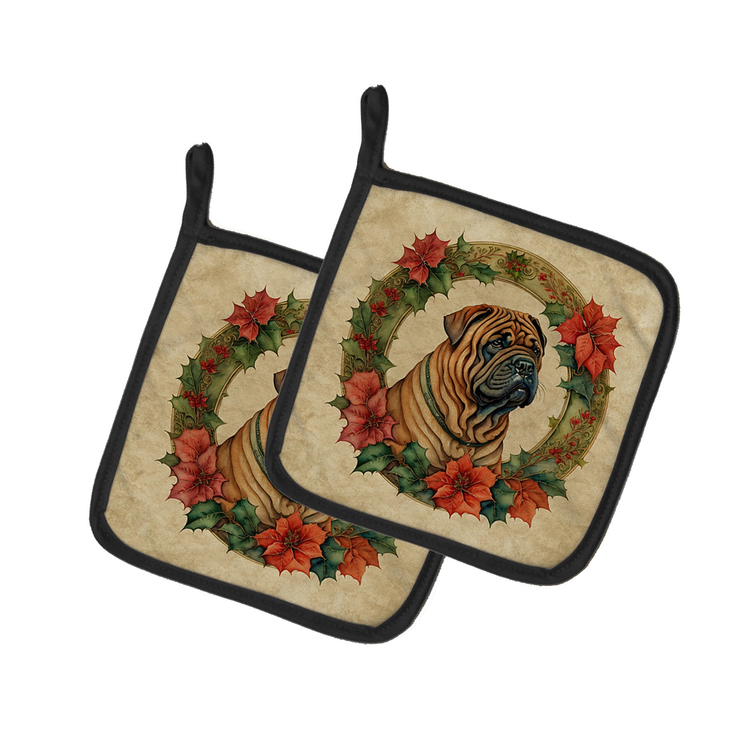 Shar Pei Christmas Flowers Pair of Pot Holders Kitchen Heat Resistant Pot Holders Sets Oven Hot Pads for Cooking Baking BBQ, 7 1/2 x 7 1/2