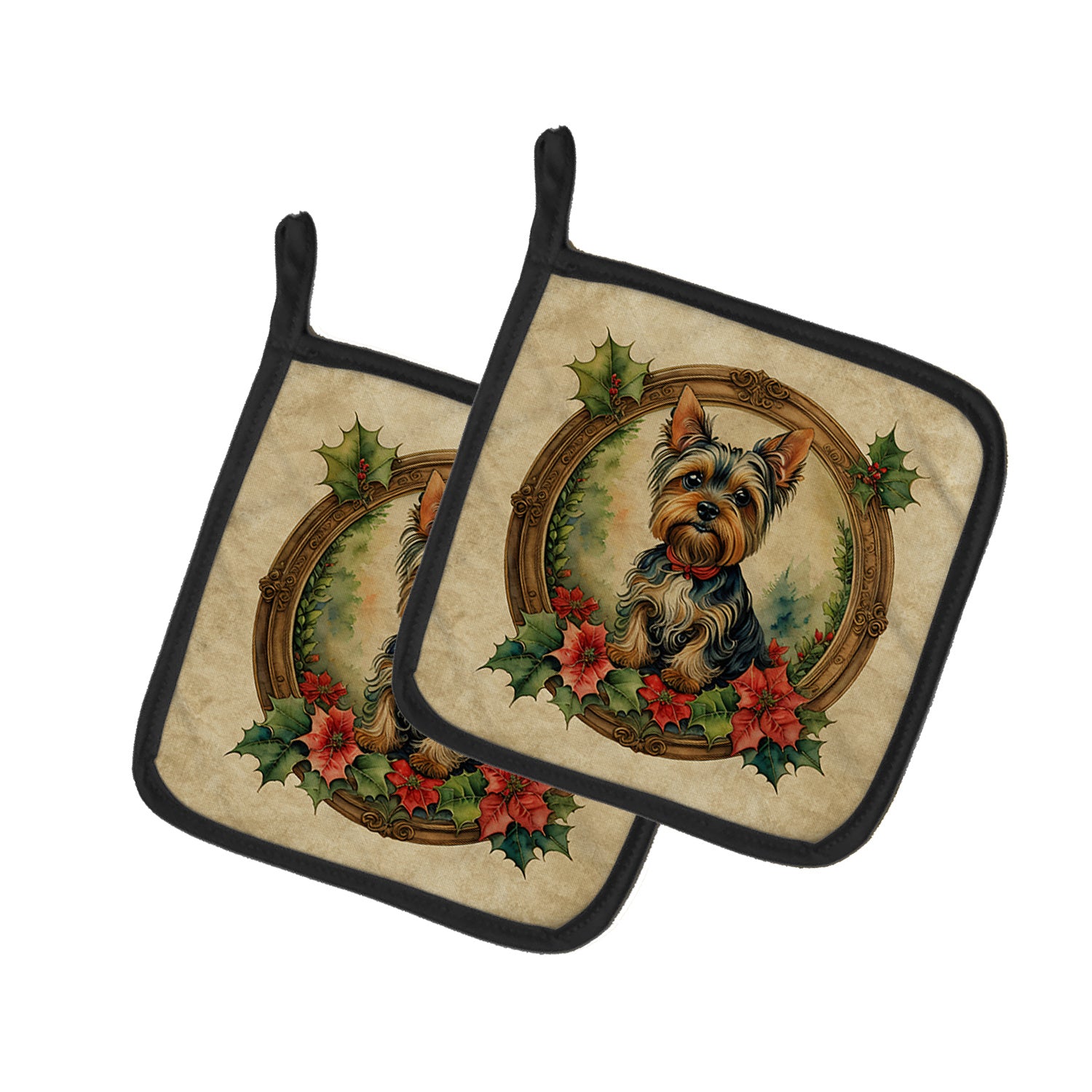 Yorkie Christmas Flowers Pair of Pot Holders Kitchen Heat Resistant Pot Holders Sets Oven Hot Pads for Cooking Baking BBQ, 7 1/2 x 7 1/2