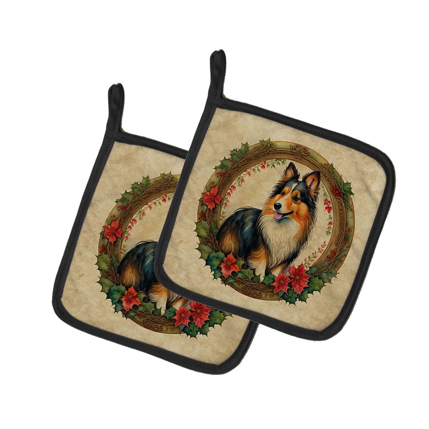 Sheltie Christmas Flowers Pair of Pot Holders Kitchen Heat Resistant Pot Holders Sets Oven Hot Pads for Cooking Baking BBQ, 7 1/2 x 7 1/2