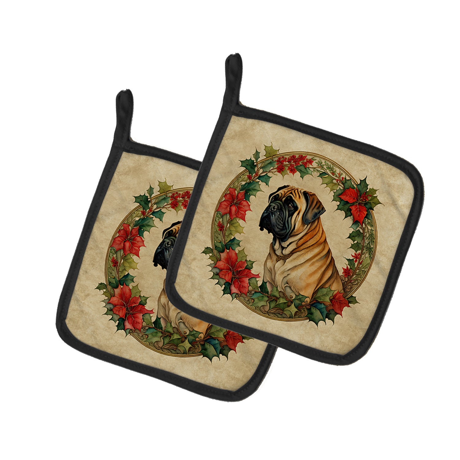 Mastiff Christmas Flowers Pair of Pot Holders Kitchen Heat Resistant Pot Holders Sets Oven Hot Pads for Cooking Baking BBQ, 7 1/2 x 7 1/2