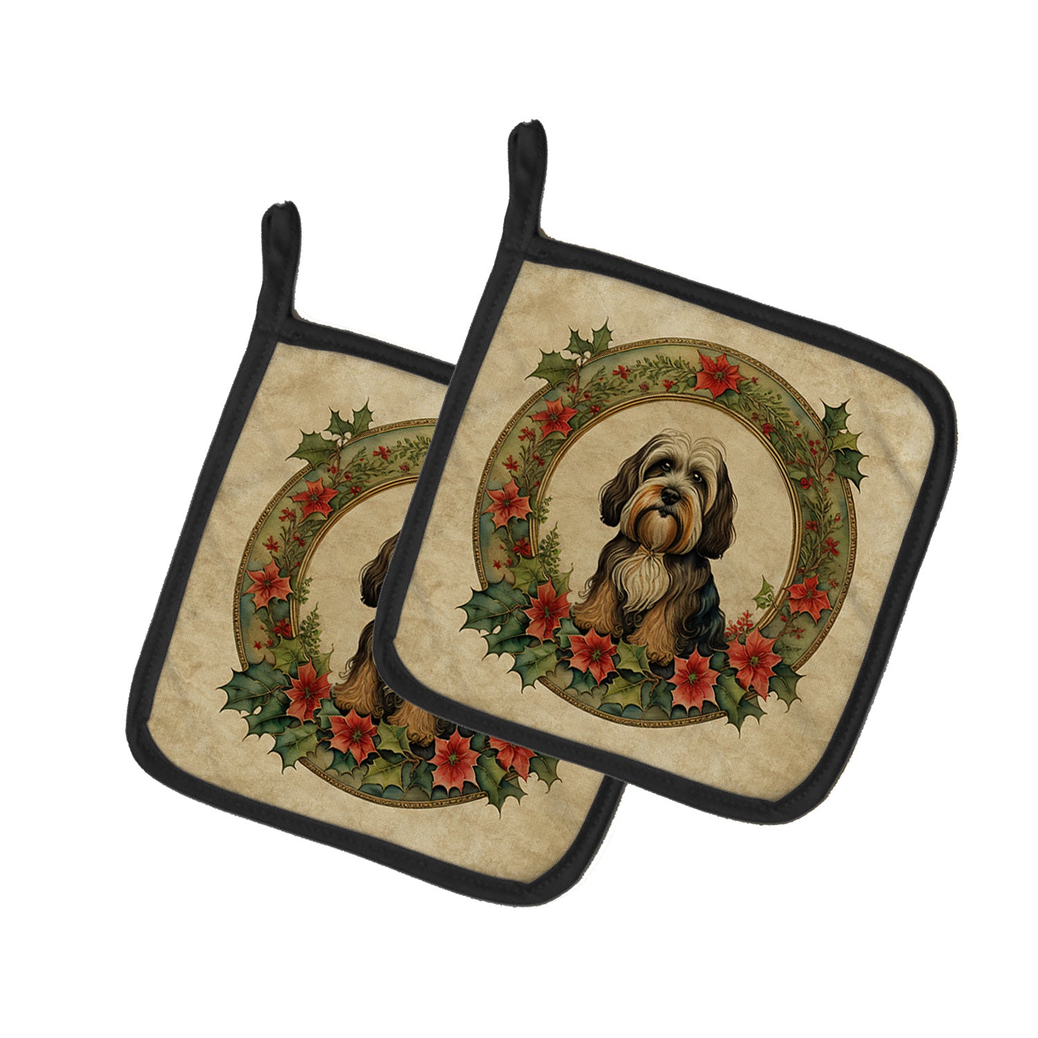 Tibetan Terrier Christmas Flowers Pair of Pot Holders Kitchen Heat Resistant Pot Holders Sets Oven Hot Pads for Cooking Baking BBQ, 7 1/2 x 7 1/2