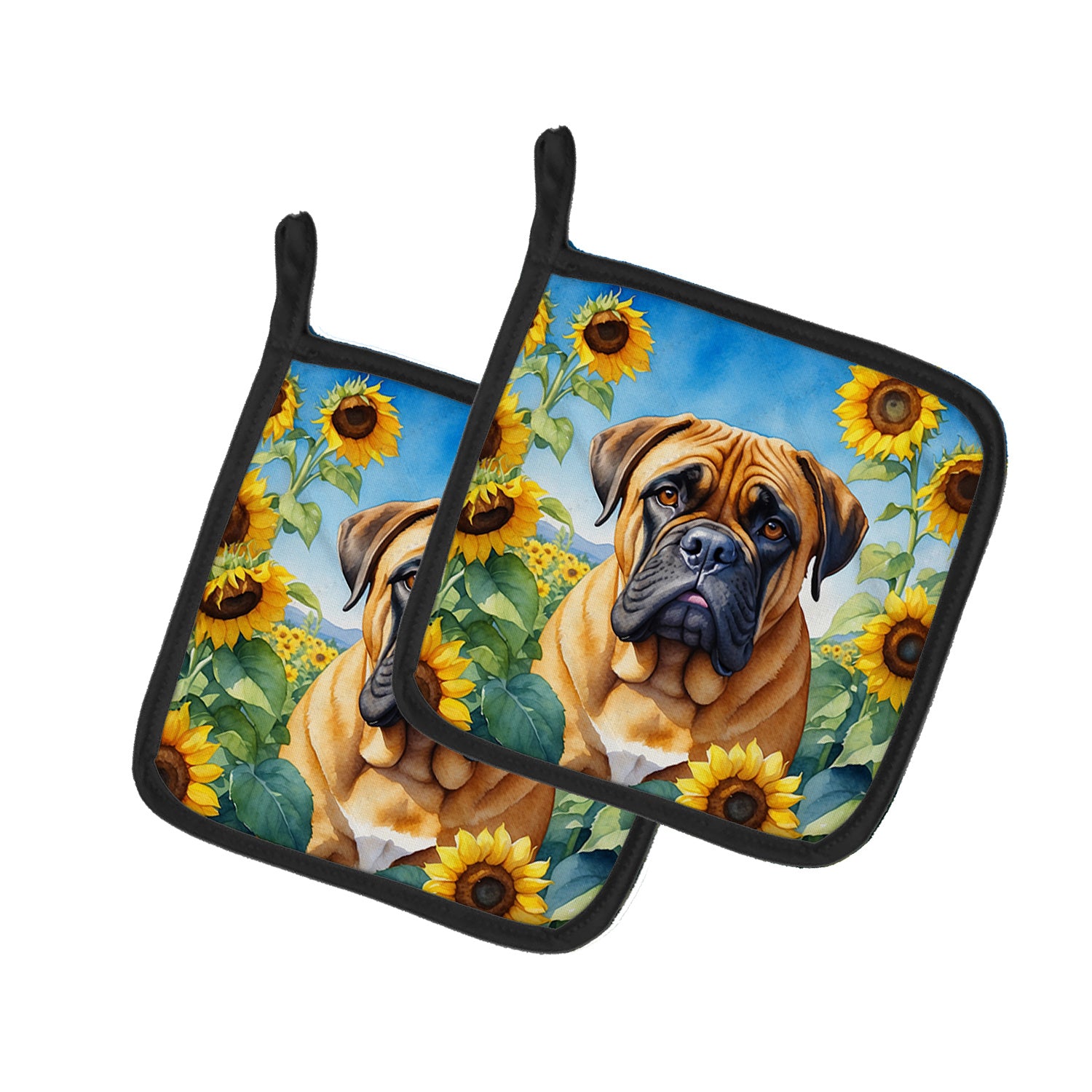 Bullmastiff in Sunflowers Pair of Pot Holders Kitchen Heat Resistant Pot Holders Sets Oven Hot Pads for Cooking Baking BBQ, 7 1/2 x 7 1/2