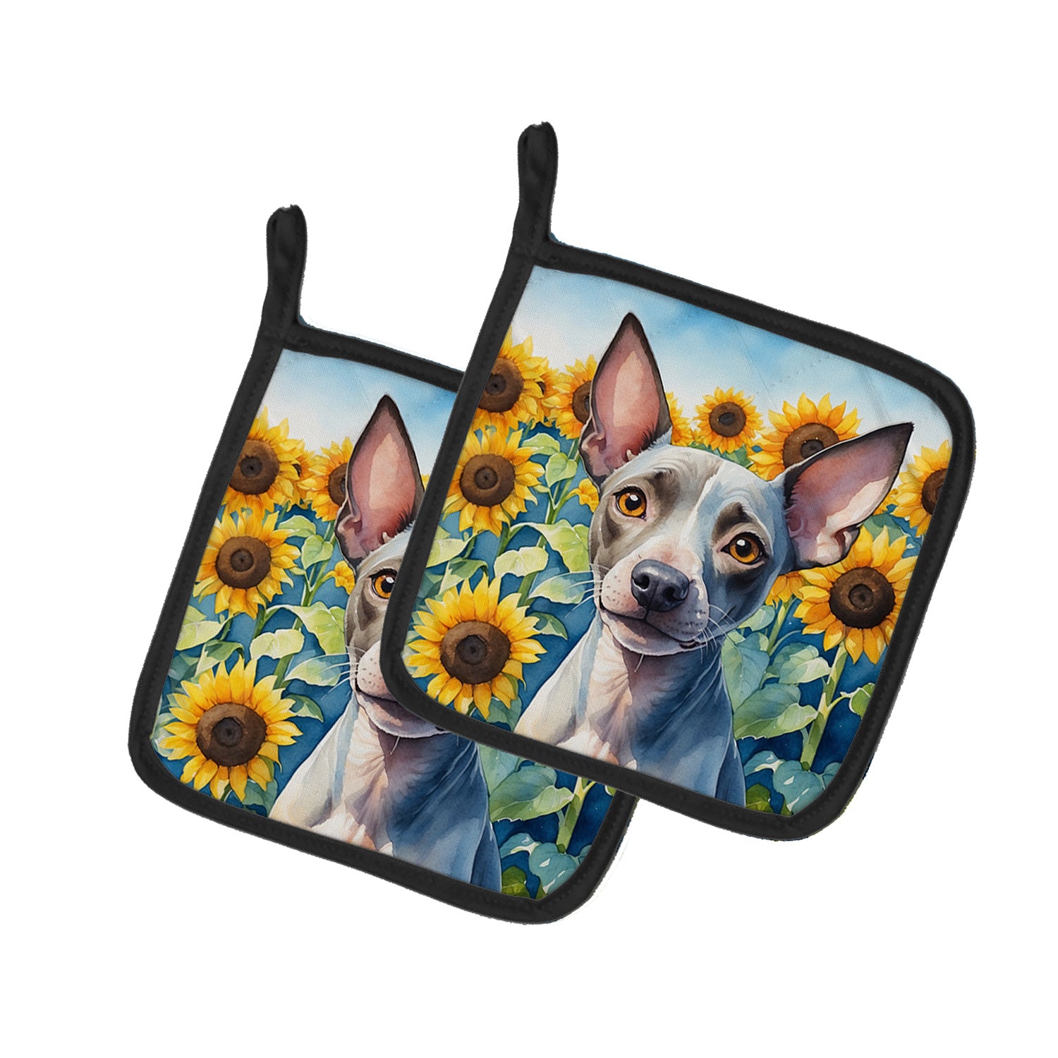 American Hairless Terrier in Sunflowers Pair of Pot Holders Kitchen Heat Resistant Pot Holders Sets Oven Hot Pads for Cooking Baking BBQ, 7 1/2 x 7 1/2