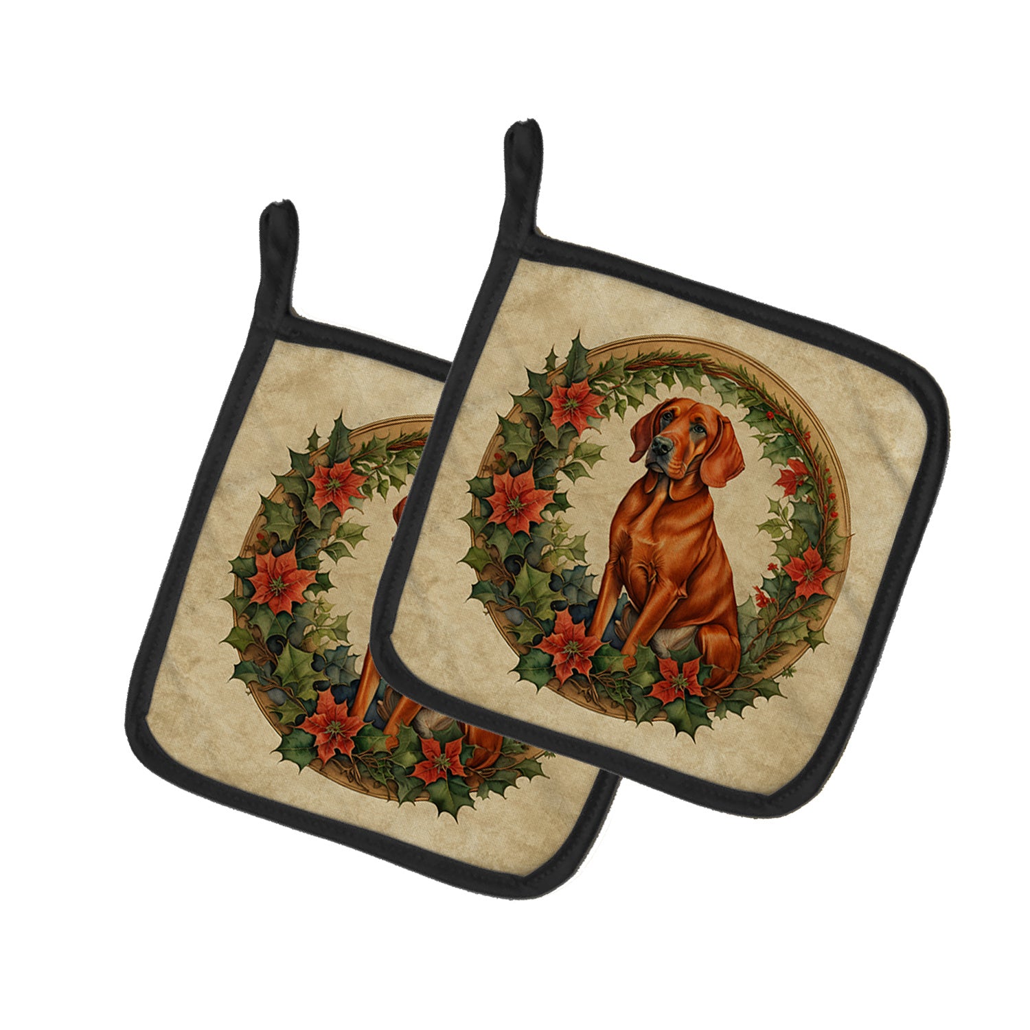 Red Redbone Coonhound Christmas Flowers Pair of Pot Holders Kitchen Heat Resistant Pot Holders Sets Oven Hot Pads for Cooking Baking BBQ, 7 1/2 x 7 1/2