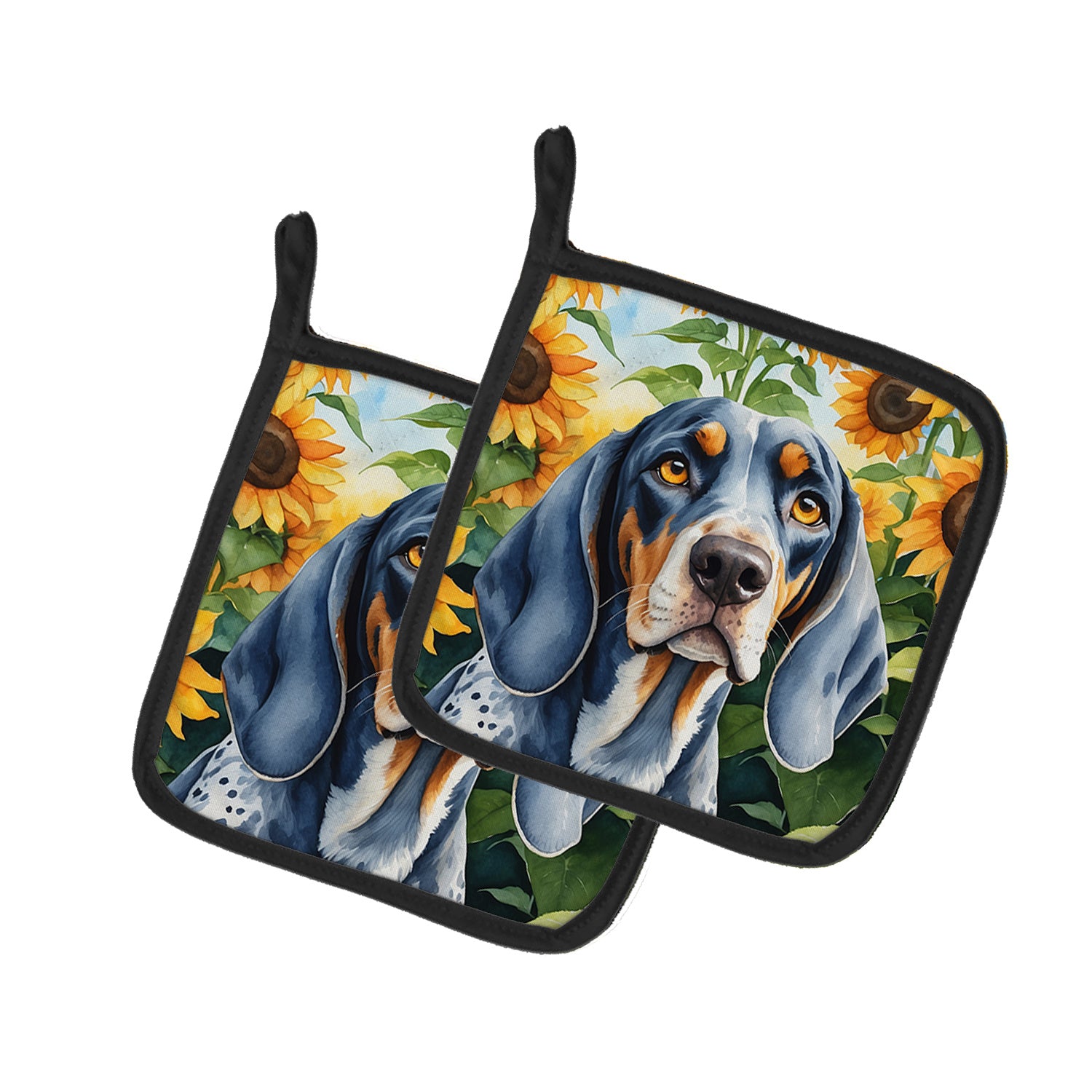 Bluetick Coonhound in Sunflowers Pair of Pot Holders Kitchen Heat Resistant Pot Holders Sets Oven Hot Pads for Cooking Baking BBQ, 7 1/2 x 7 1/2