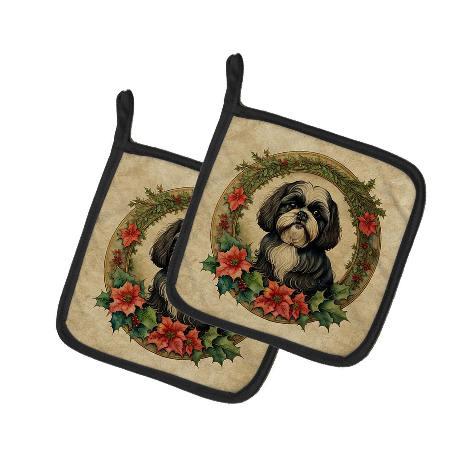 Shih Tzu Christmas Flowers Pair of Pot Holders Kitchen Heat Resistant Pot Holders Sets Oven Hot Pads for Cooking Baking BBQ, 7 1/2 x 7 1/2