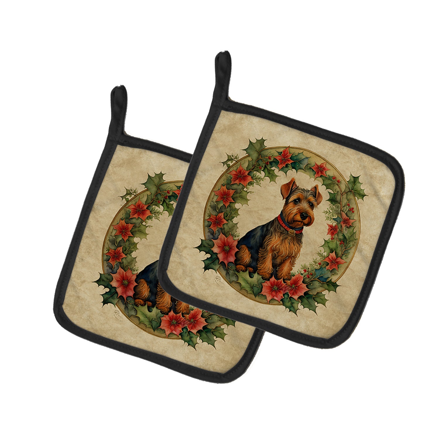 Welsh Terrier Christmas Flowers Pair of Pot Holders Kitchen Heat Resistant Pot Holders Sets Oven Hot Pads for Cooking Baking BBQ, 7 1/2 x 7 1/2