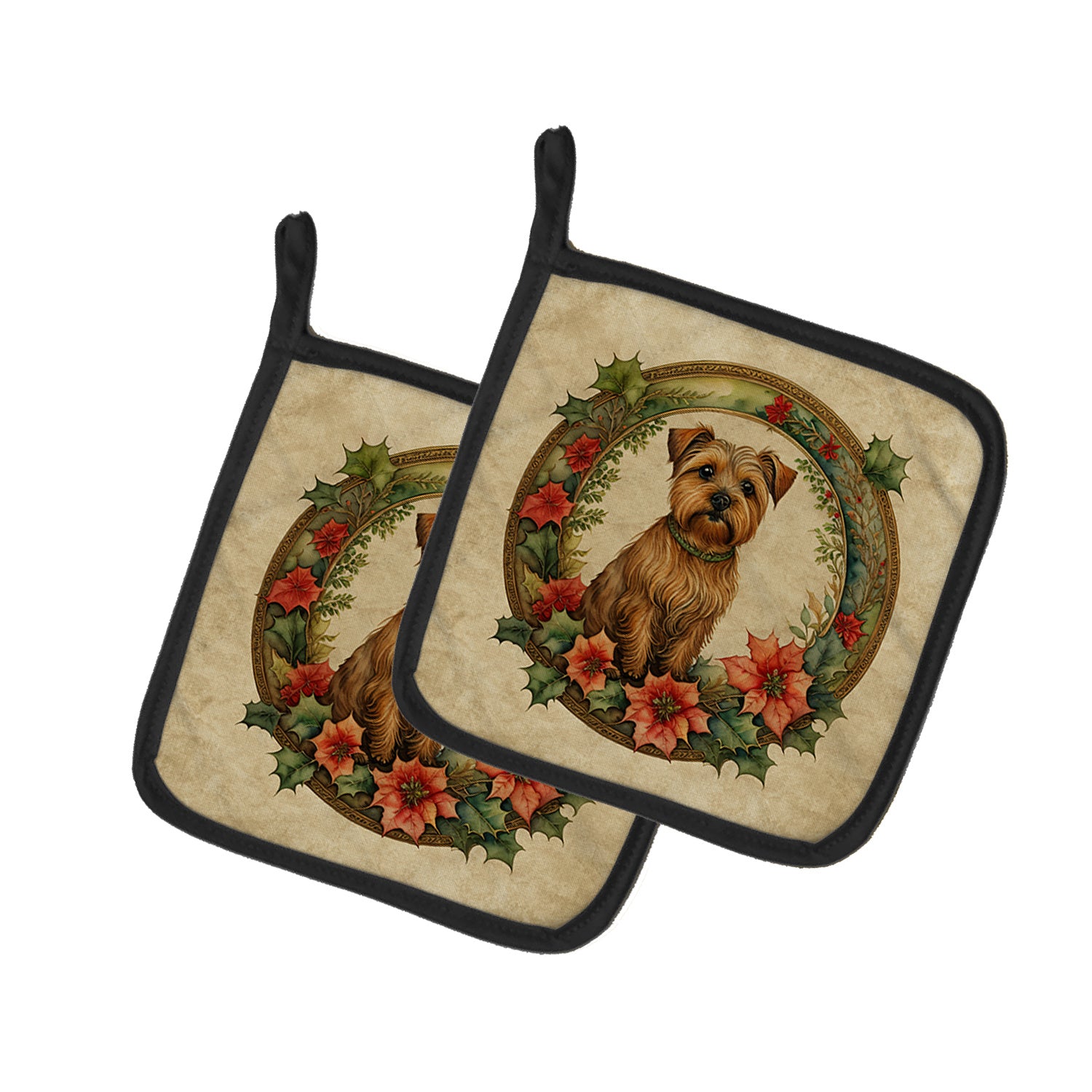 Norfolk Terrier Christmas Flowers Pair of Pot Holders Kitchen Heat Resistant Pot Holders Sets Oven Hot Pads for Cooking Baking BBQ, 7 1/2 x 7 1/2