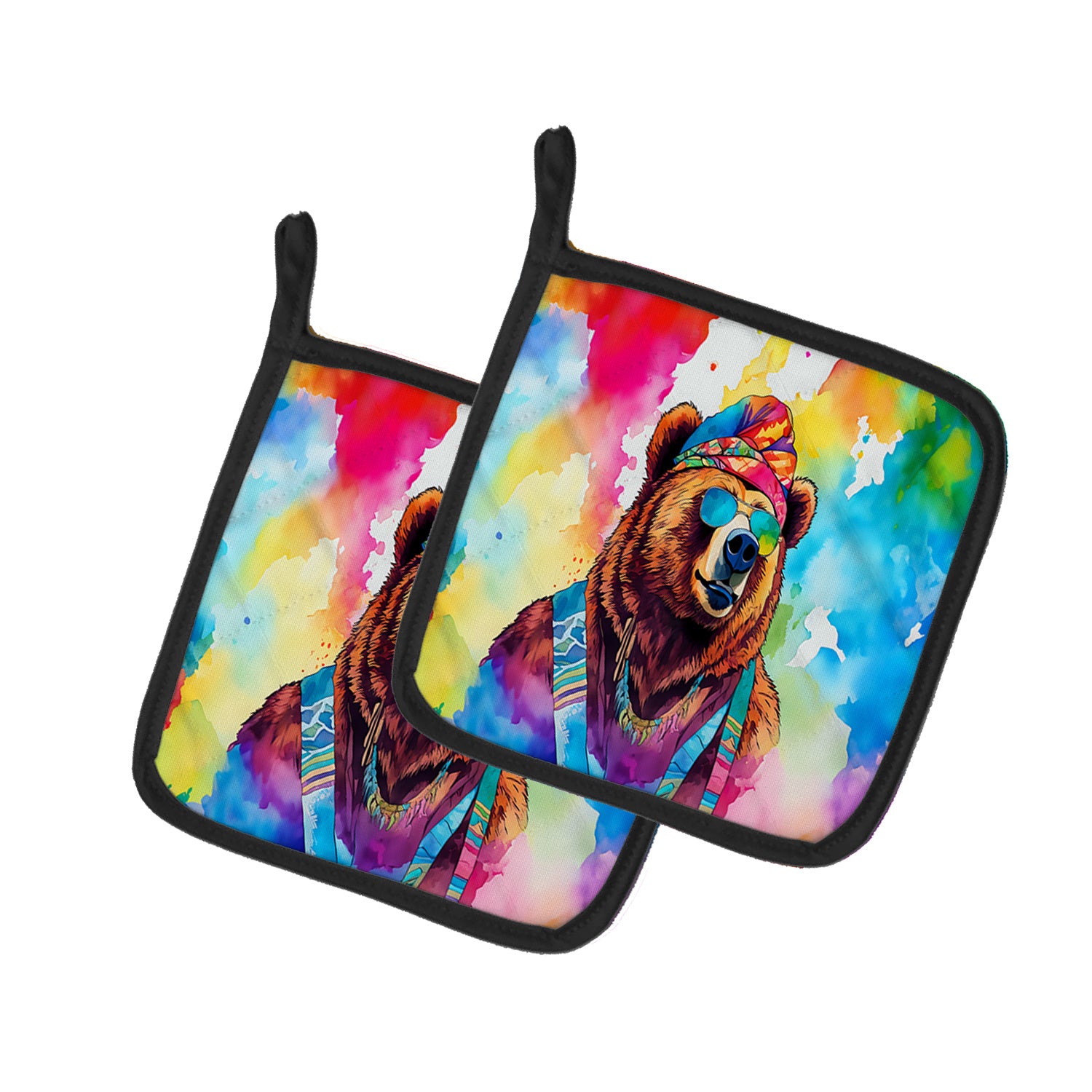 NEW Hippie Animal Grizzly Bear Pair of Pot Holders Kitchen Heat Resistant Pot Holders Sets Oven Hot Pads for Cooking Baking BBQ, 7 1/2 x 7 1/2