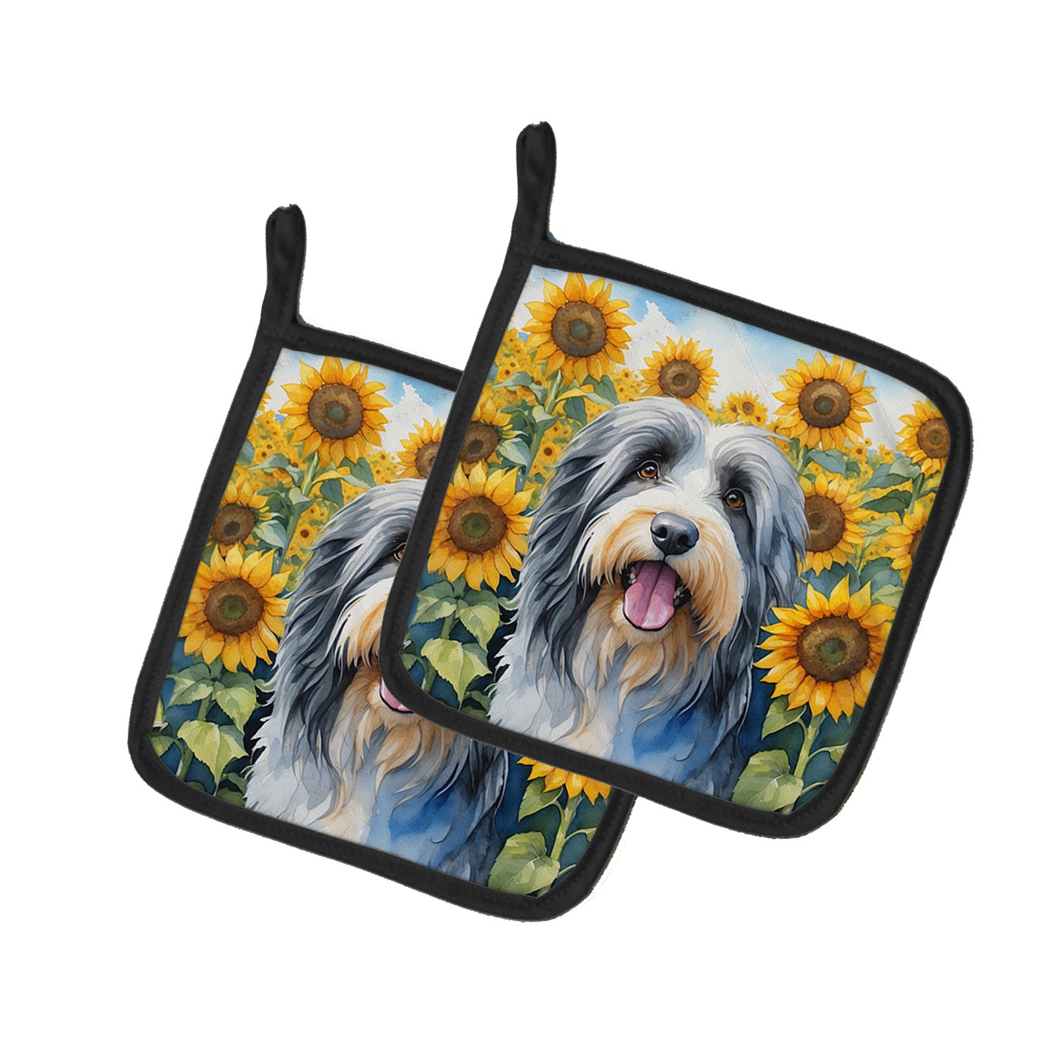 Bearded Collie in Sunflowers Pair of Pot Holders Kitchen Heat Resistant Pot Holders Sets Oven Hot Pads for Cooking Baking BBQ, 7 1/2 x 7 1/2