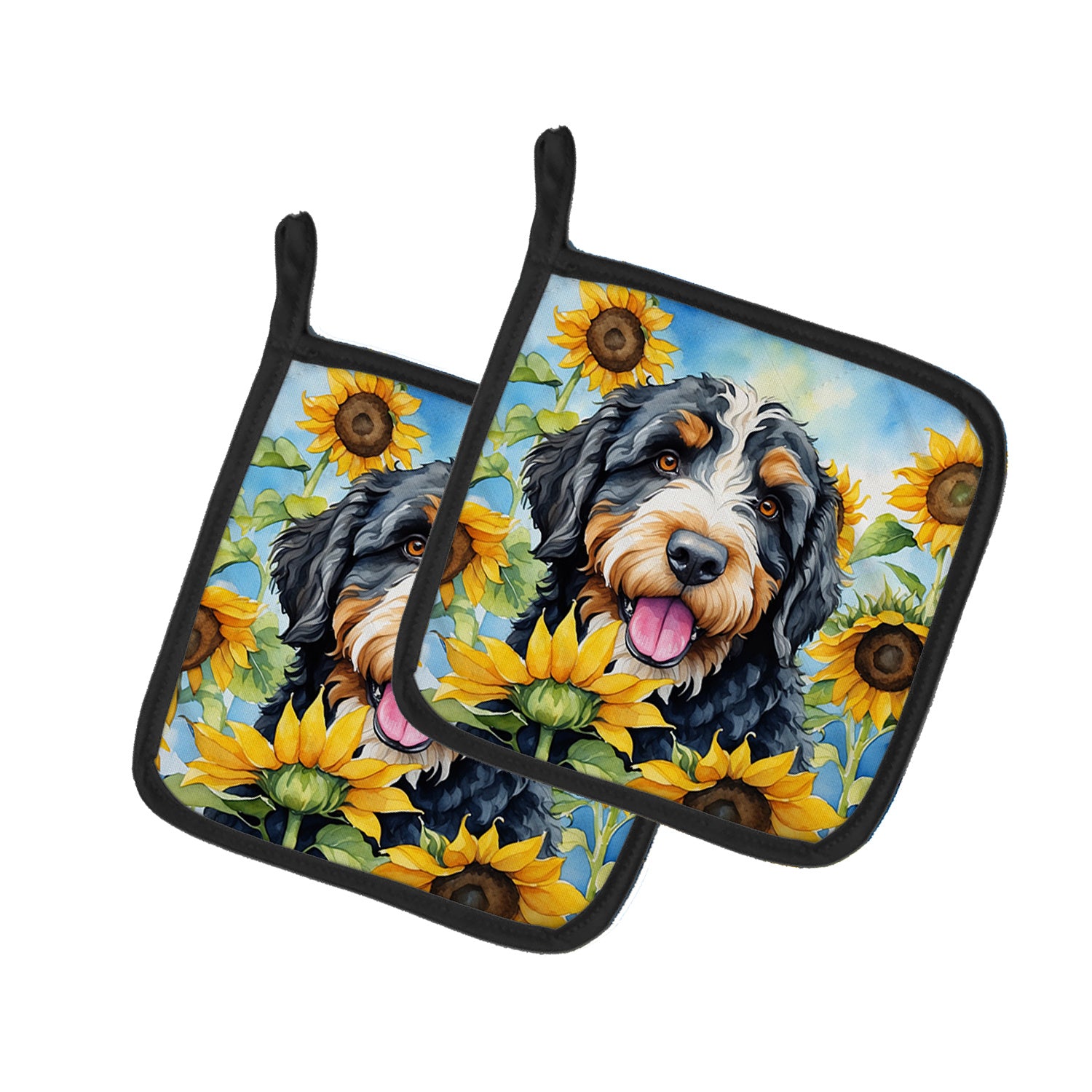 Bernedoodle in Sunflowers Pair of Pot Holders Kitchen Heat Resistant Pot Holders Sets Oven Hot Pads for Cooking Baking BBQ, 7 1/2 x 7 1/2