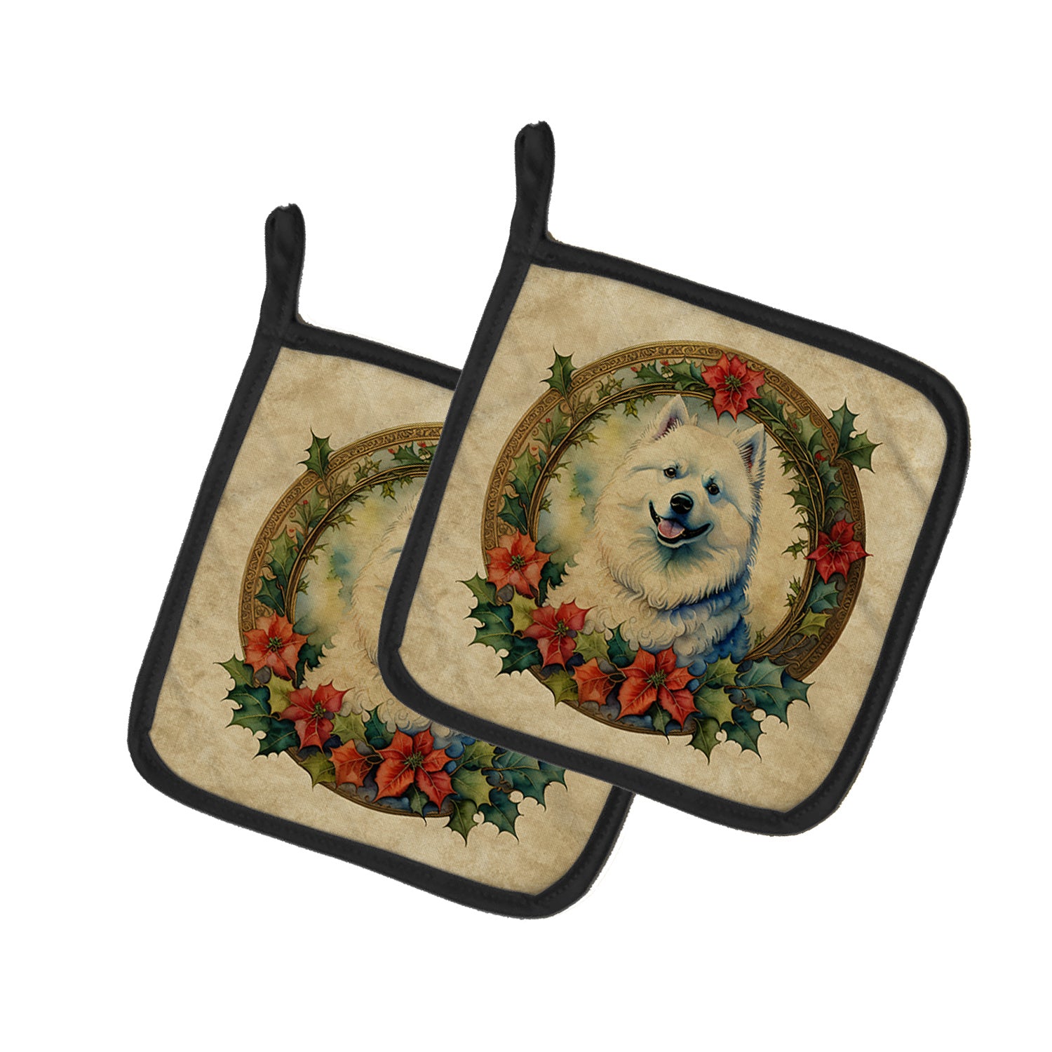 Samoyed Christmas Flowers Pair of Pot Holders Kitchen Heat Resistant Pot Holders Sets Oven Hot Pads for Cooking Baking BBQ, 7 1/2 x 7 1/2