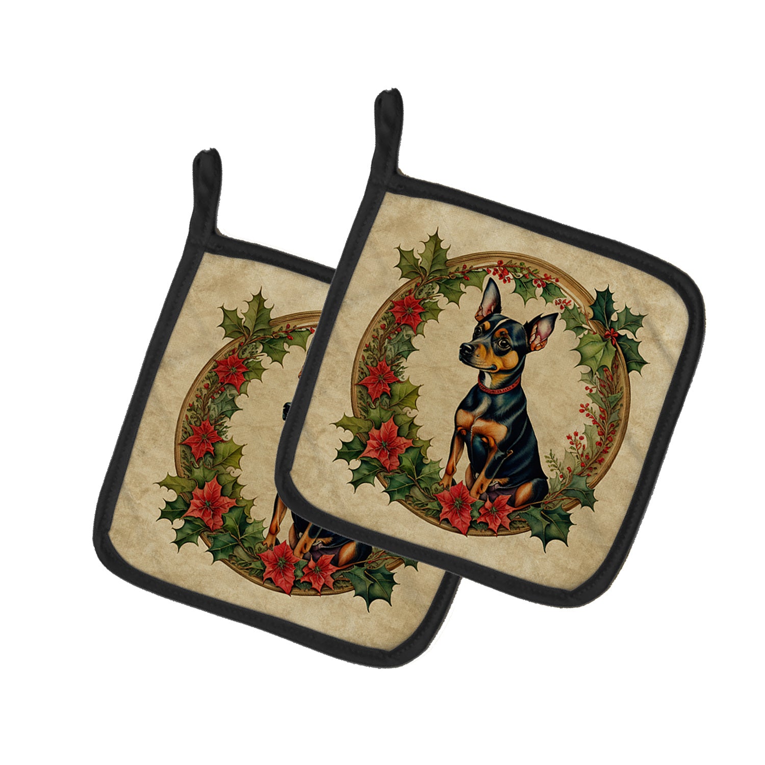 Miniature Pinscher Christmas Flowers Pair of Pot Holders Kitchen Heat Resistant Pot Holders Sets Oven Hot Pads for Cooking Baking BBQ, 7 1/2 x 7 1/2