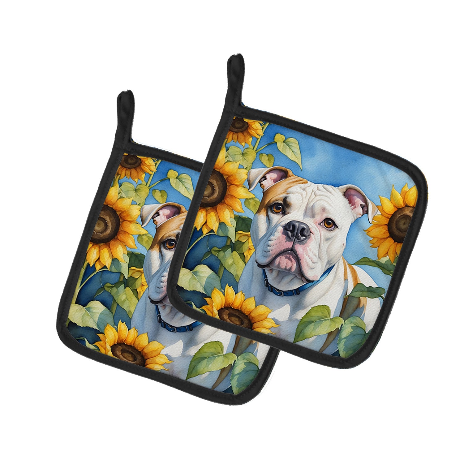 American Bulldog in Sunflowers Pair of Pot Holders Kitchen Heat Resistant Pot Holders Sets Oven Hot Pads for Cooking Baking BBQ, 7 1/2 x 7 1/2