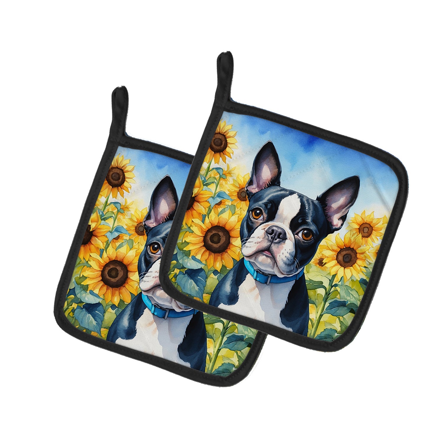 Boston Terrier in Sunflowers Pair of Pot Holders Kitchen Heat Resistant Pot Holders Sets Oven Hot Pads for Cooking Baking BBQ, 7 1/2 x 7 1/2