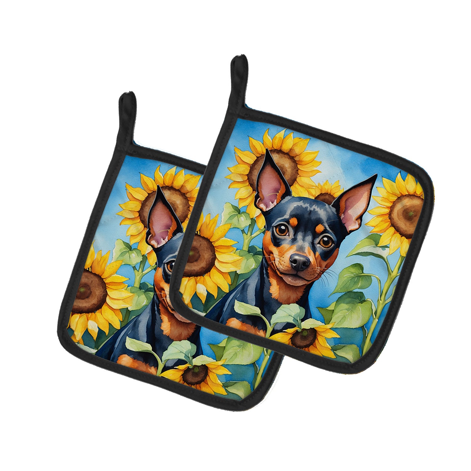 Miniature Pinscher in Sunflowers Pair of Pot Holders Kitchen Heat Resistant Pot Holders Sets Oven Hot Pads for Cooking Baking BBQ, 7 1/2 x 7 1/2