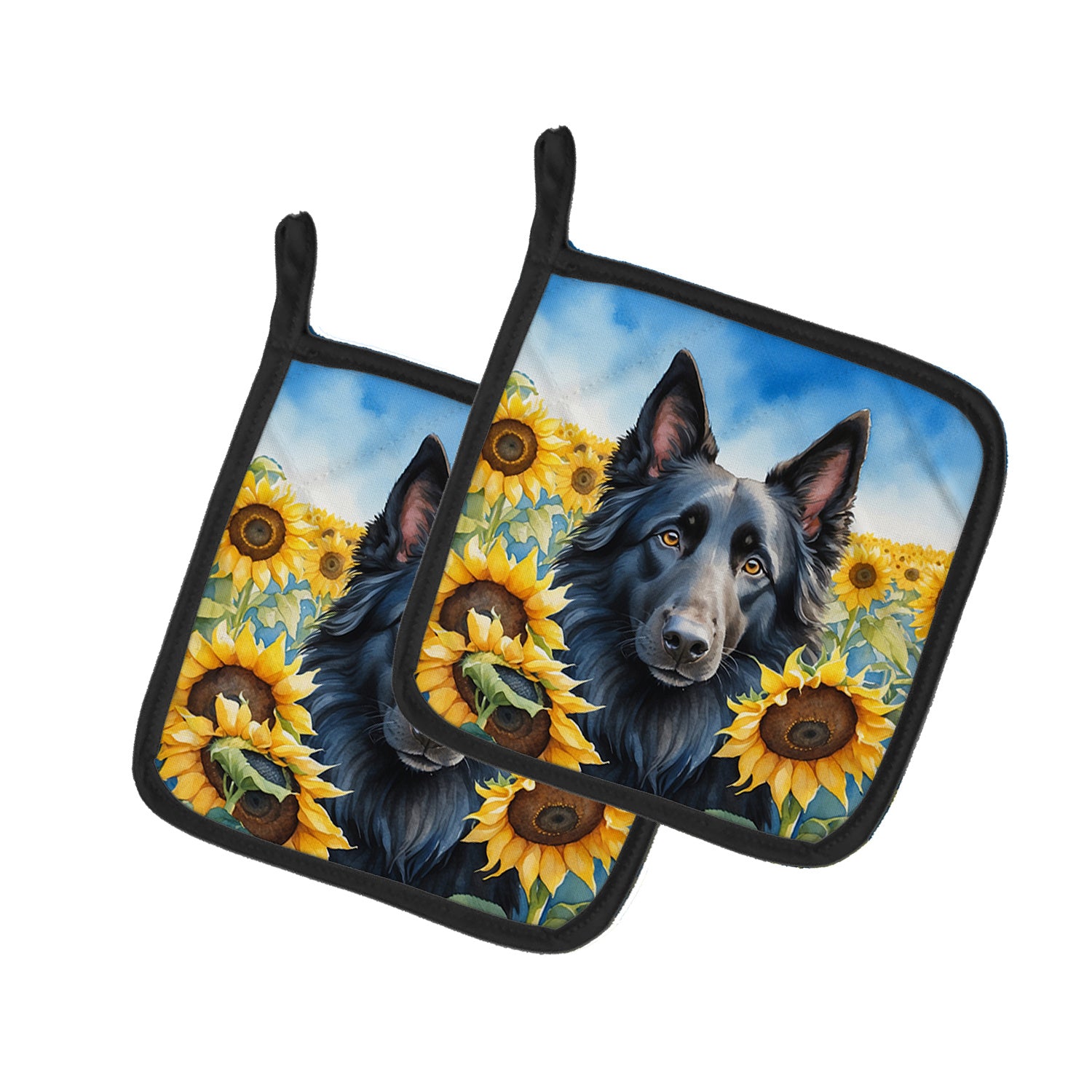 Belgian Sheepdog in Sunflowers Pair of Pot Holders Kitchen Heat Resistant Pot Holders Sets Oven Hot Pads for Cooking Baking BBQ, 7 1/2 x 7 1/2