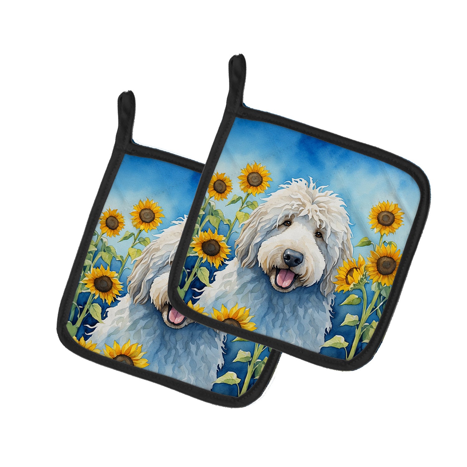 Komondor in Sunflowers Pair of Pot Holders Kitchen Heat Resistant Pot Holders Sets Oven Hot Pads for Cooking Baking BBQ, 7 1/2 x 7 1/2