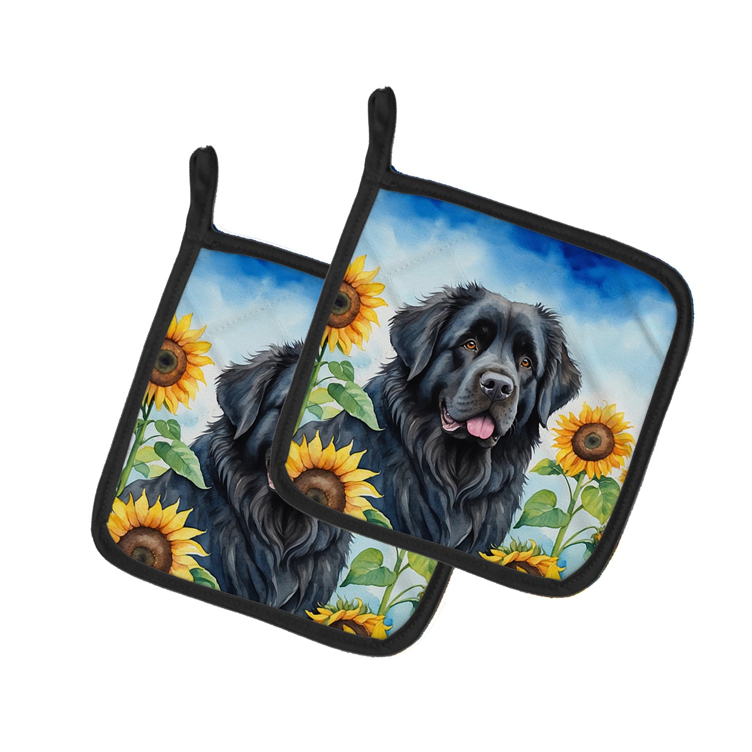 Newfoundland in Sunflowers Pair of Pot Holders Kitchen Heat Resistant Pot Holders Sets Oven Hot Pads for Cooking Baking BBQ, 7 1/2 x 7 1/2